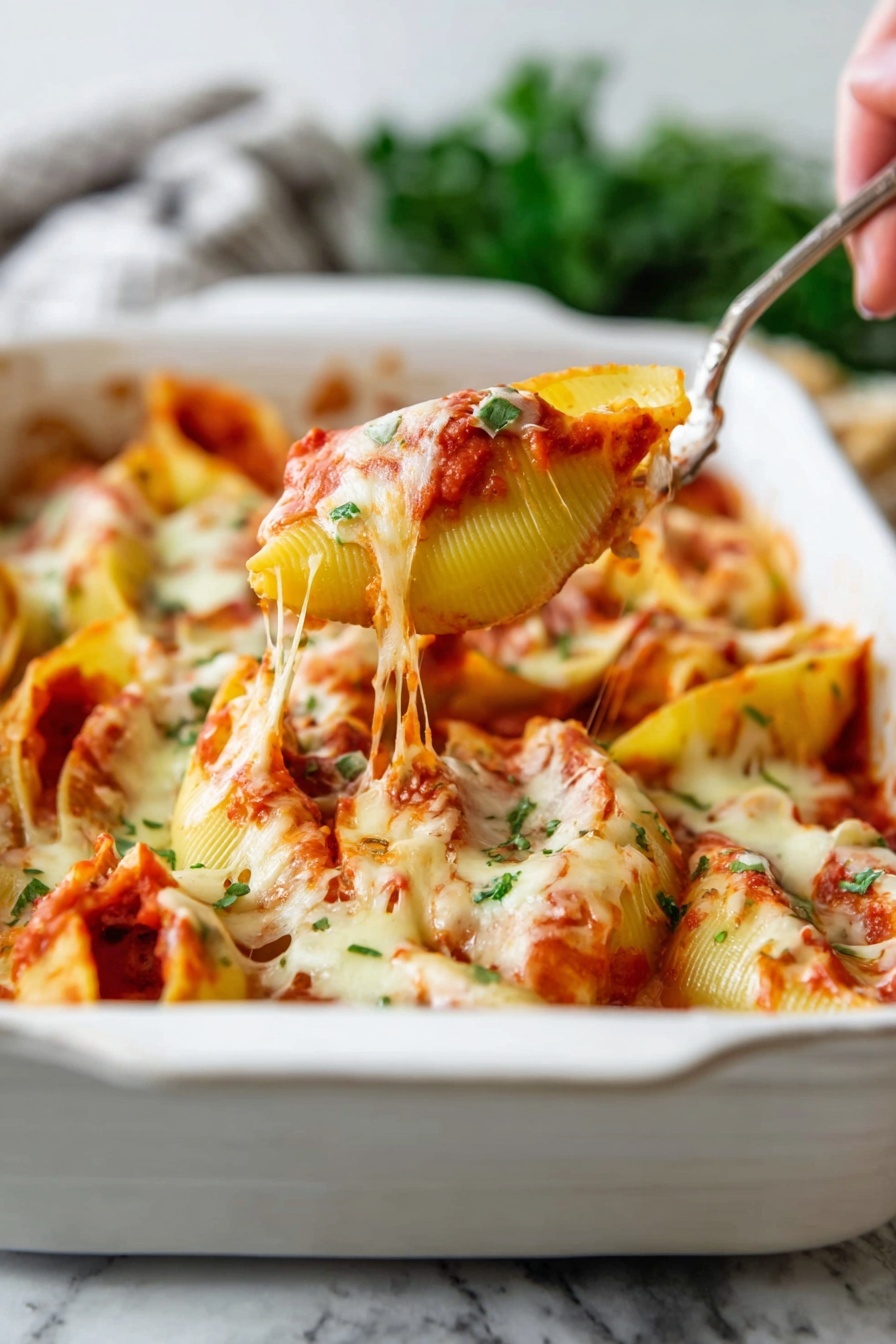 The image shows a white baking dish filled with three layers of stuffed pasta shells. The bottom layer consists of large, yellow pasta shells, partially visible under a thick layer of red tomato sauce with small green herb pieces. The middle layer is a mix of bubbling melted white and slightly browned cheese, with strings of cheese stretching as a spoon lifts a pasta shell. The top layer is more melted cheese with spots of golden brown where it has baked. A silver spoon held by a woman's hand lifts one cheesy pasta shell from the dish. The background has a blurred green plant on a white marbled surface. photo taken with an iphone --ar 2:3 --v 7