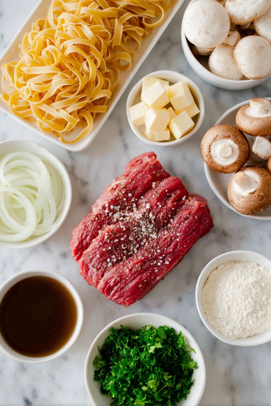Flat lay of uncooked wide egg noodles arranged in a neat pile, a small mound of thinly-sliced raw flank steak with visible marbling, a small white onion thinly sliced into rings, a cluster of fresh button and baby bella mushrooms with rich brown caps, four whole garlic cloves unpeeled, two small white ceramic bowls—one filled with dry white wine, another with a smooth beige mixture of flour whisked with beef stock and Worcestershire sauce, a small white bowl holding a swirl of plain Greek yogurt, a few small chunks of bright yellow butter, a handful of fresh green chopped parsley scattered neatly nearby, and a few whole white eggs with clean shells placed singly for contrast; all ingredients fresh and natural, arranged symmetrically on a clean white marble surface, soft natural light, photo taken with an iPhone, professional food photography style, fresh ingredients, white ceramic bowls, no bottles, no duplicates, no utensils, no packaging --ar 2:3 --v 7 --p m7354615311229779997