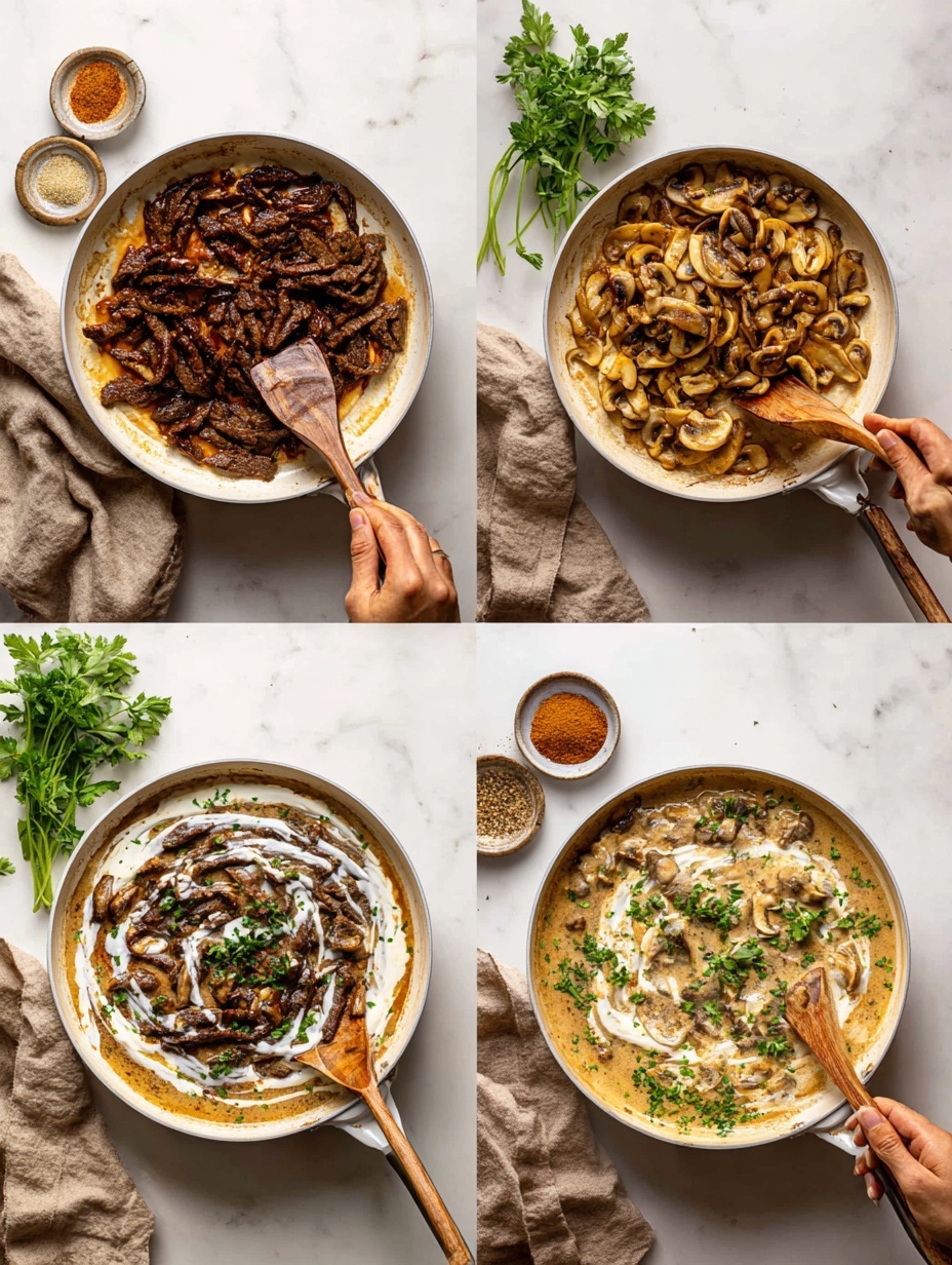 The image shows four steps of making a creamy beef and mushroom dish in a white frying pan on a white marbled surface. In the first step, browned beef strips with a dark, rich brown color are spread evenly in the pan with a wooden spoon resting inside. The second step has sliced, cooked mushrooms with a golden-brown color mixed with small bits of onions being stirred with a wooden spoon held by a woman's hand. The third step shows a mix of the browned beef and mushrooms in the pan, covered partially by a swirl of white cream and brown sauce, with the wooden spoon inside. The final step displays the fully mixed dish with the beef and mushrooms coated in a thick, creamy light brown sauce, sprinkled with small green parsley pieces for garnish, all inside the white pan on the white marbled surface. Photo taken with an iphone --ar 2:3 --v 7