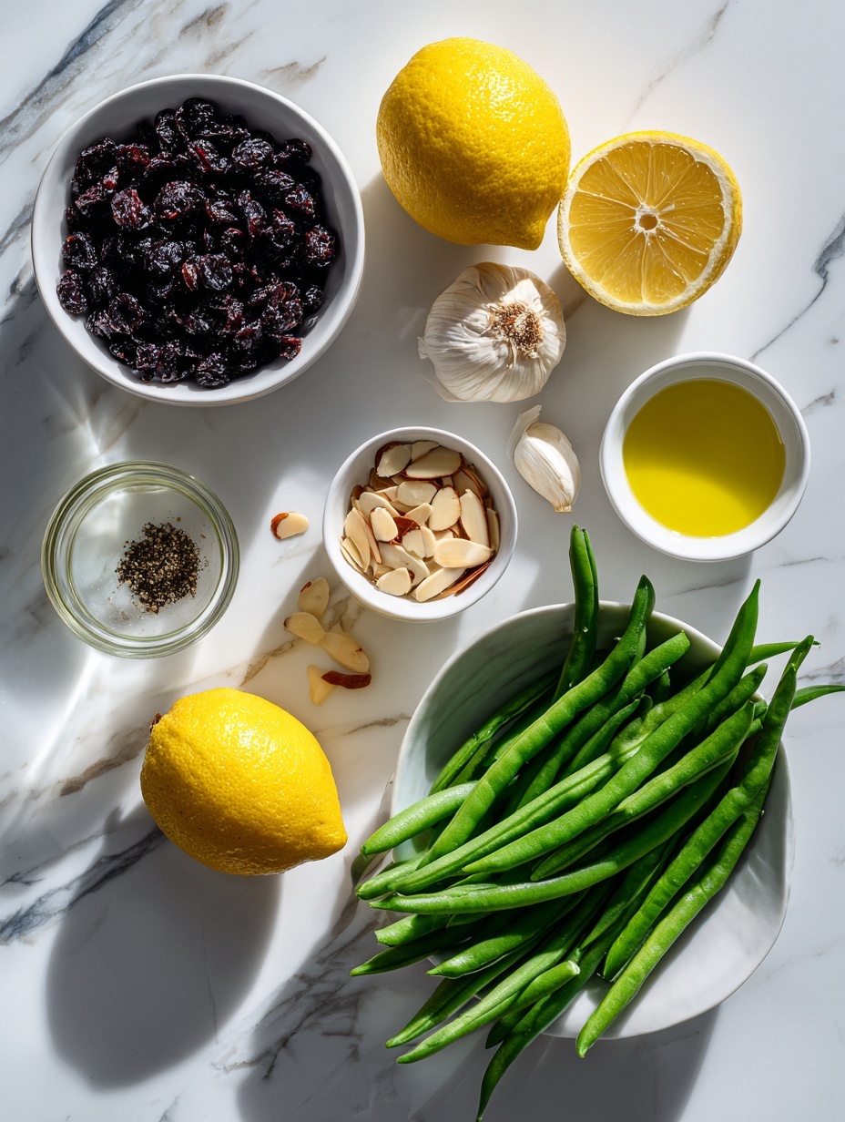 Flat lay of fresh broccolini with tender green beans, a small white ceramic bowl filled with plump dried currants soaking in water, a few bright yellow lemon peel strips alongside a halved lemon showing juicy flesh, two whole uncracked garlic cloves with papery skins intact, a small white bowl of golden olive oil, a small white bowl holding toasted sliced almonds, and a small white bowl of fresh lemon juice placed on a clean white marble surface, soft natural light, photo taken with an iPhone, professional food photography style, fresh ingredients, white ceramic bowls, no bottles, no duplicates, no utensils, no packaging --ar 2:3 --v 7 --p m7354615311229779997