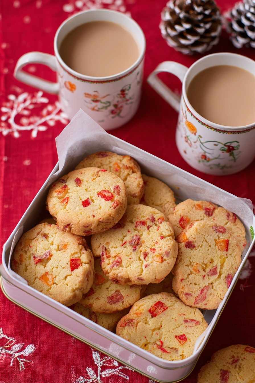 Three round cookies with a light brown color and red cherry pieces are stacked on a white napkin embroidered with black text, placed on a red cloth with white embroidery. To the left, there is a white rectangular tin box lined with parchment paper, filled with more of the same cookies. Behind the napkin, there is a white cup filled with light brown coffee, next to two dark brown pine cones dusted with white powder. The scene is set on a white marbled surface. photo taken with an iphone --ar 2:3 --v 7