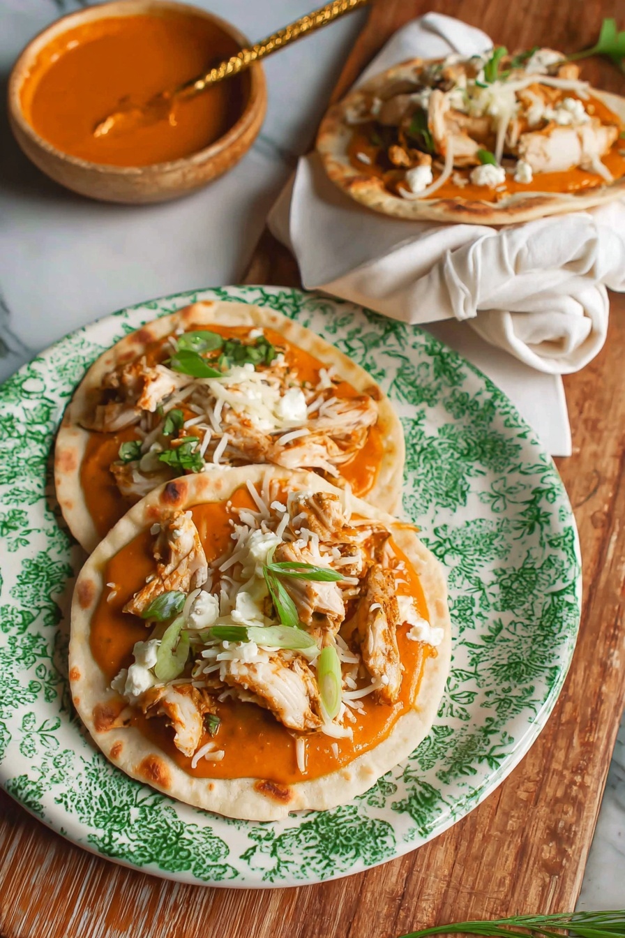 Two small flatbreads sit on a white plate with green patterns, each topped with a base layer of bright orange sauce spread evenly. On top of the sauce is a layer of shredded light yellow cheese, followed by chunks of golden brown grilled chicken scattered across. Small crumbles of white cheese and pieces of green herbs are sprinkled on top. To the right side of the plate, there is a rolled flatbread wrapped in white paper, showing the same fillings inside. In the bottom left corner, a small bowl holds more orange sauce with a golden spoon dipped in it. The background is a white marbled texture. Photo taken with an iphone --ar 2:3 --v 7