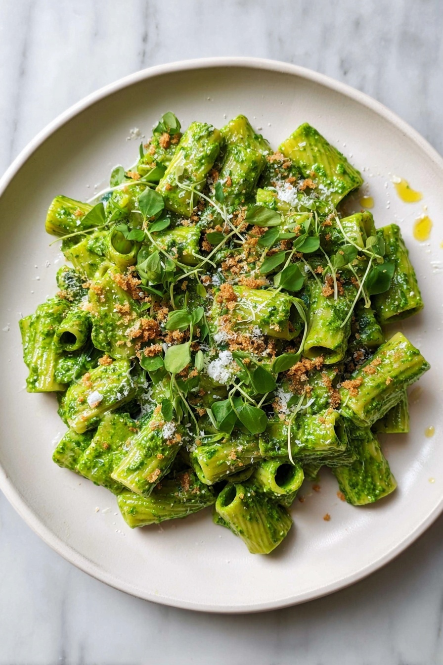 A white plate filled with short tube-shaped pasta coated in a bright green pesto sauce, giving the pasta a smooth, slightly chunky texture. The dish is topped with small green leaves, finely grated white cheese, and some toasted breadcrumbs scattered over the top. There is a golden fork partially placed into the pasta, with a little sauce staining it. The plate sits on a white marbled surface. photo taken with an iphone --ar 2:3 --v 7