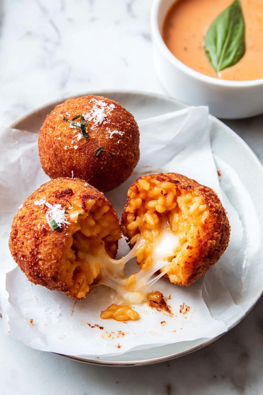 The image shows three golden-brown fried balls on a white plate with white parchment paper. Two balls are whole, and one is open, revealing a filling of orange rice and melted white cheese stretching between the halves. The fried coating looks crispy and slightly rough with some white flakes on top. There is a small green basil leaf on the plate. In the top right corner, part of a white bowl with a creamy orange sauce garnished with a green basil leaf is visible. The dish is set on a white marbled surface. photo taken with an iphone --ar 2:3 --v 7