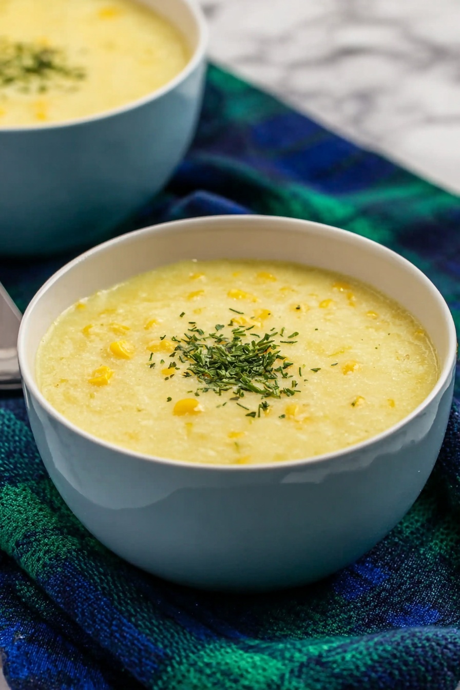 The image shows a white bowl filled with creamy light yellow soup that has small visible bits of corn and other ingredients, creating a slightly chunky texture. The soup has a smooth surface with a small well in the center topped with finely chopped green herbs. The bowl is placed on a dark blue cloth with a green and blue plaid cloth partially underneath it, all set on a white marbled surface. In the background, another white bowl filled with the same soup is partially visible, slightly out of focus. Photo taken with an iphone --ar 2:3 --v 7
