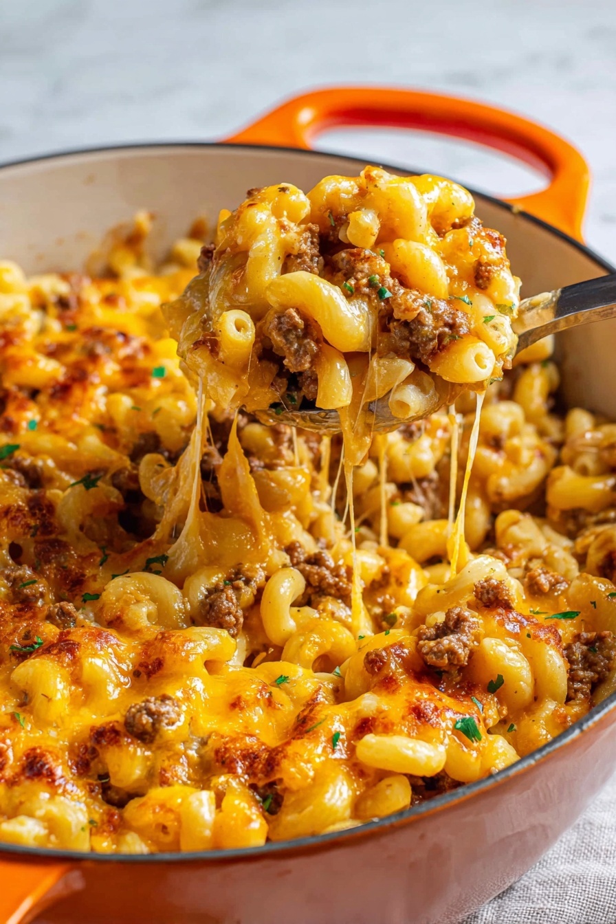 This image shows a pot filled with macaroni mixed with ground meat, melted yellow cheese, and small pieces of tomato. The macaroni is soft and slightly curled, covered heavily with gooey, melted cheddar cheese that stretches as a spoon lifts out a serving. The ground meat is brown and crumbly, scattered evenly throughout the macaroni. Bright green chopped herbs are sprinkled on top, adding a fresh touch. The pot is white inside with an orange exterior handle, and it sits on a white marbled surface. The light highlights the melted cheese's shine and the stew's warmth. photo taken with an iphone --ar 2:3 --v 7