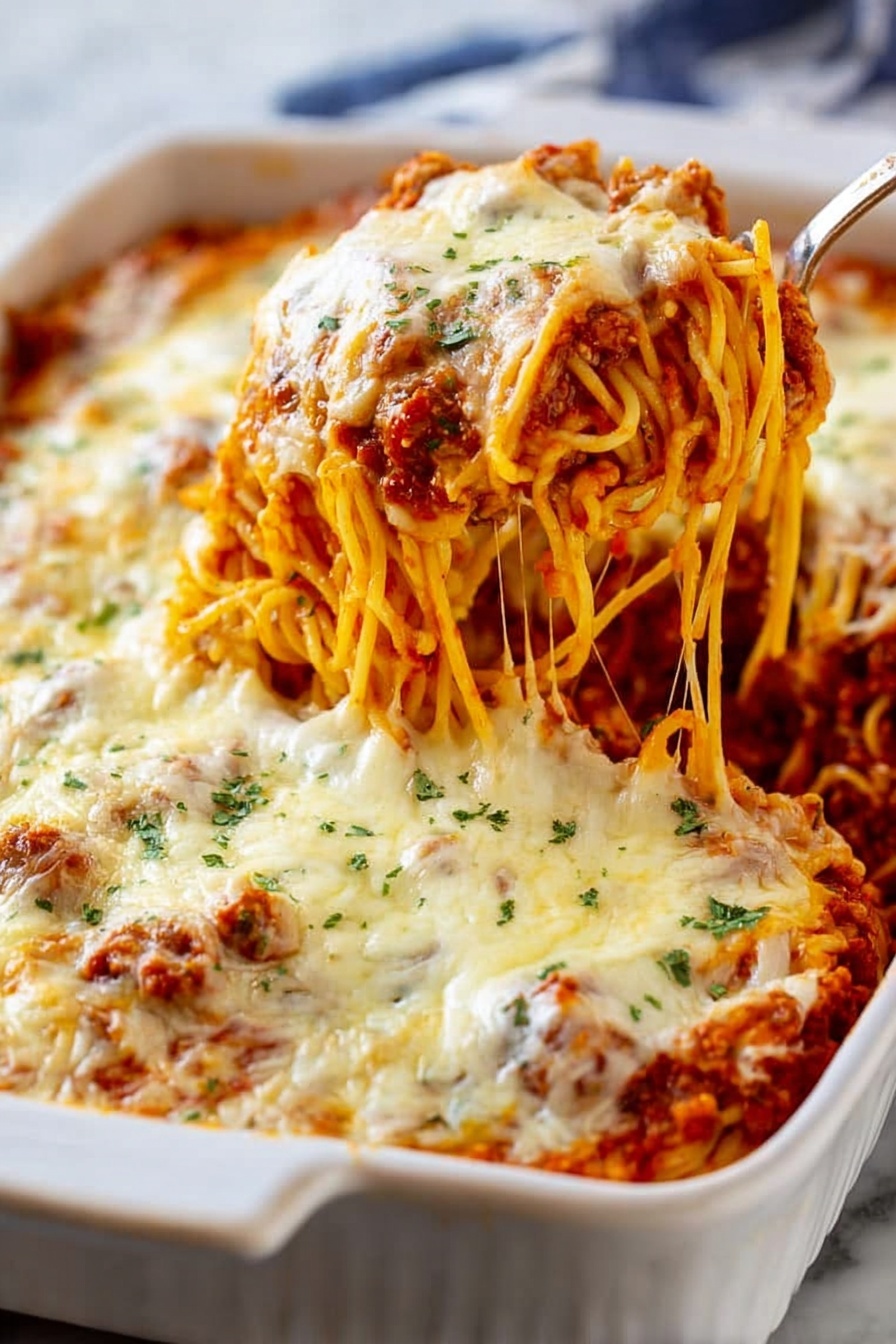 A white baking dish filled with baked spaghetti layered in three parts: the bottom layer with long, soft spaghetti strands in a light orange sauce, the middle layer holding a chunky tomato meat sauce topped with melted, stringy white cheese that drips down the sides, and the top layer covered in a thick, smooth white cheese sprinkled with small green herb bits. A fork lifts a big portion showing the stretchy cheese and the different layers clearly. The dish sits on a white marbled surface. Photo taken with an iphone --ar 2:3 --v 7