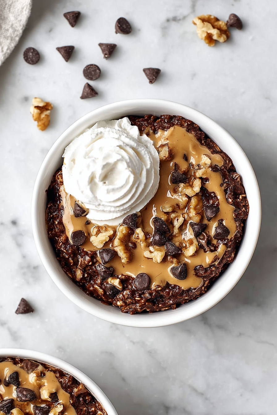 The image shows a white bowl filled with three layers of food. The bottom layer is dark brown, chunky oatmeal mixed with chocolate chips, giving it a rough texture. On top, there is a light tan drizzle of peanut butter unevenly spread across the oatmeal. Scattered around are light brown walnut pieces adding a rough, chunky texture. One side of the bowl has a swirl of white whipped cream with soft, smooth peaks, creating contrast against the dark oatmeal. The bowl sits on a white marbled surface with a few chocolate chips scattered nearby. Photo taken with an iphone --ar 2:3 --v 7