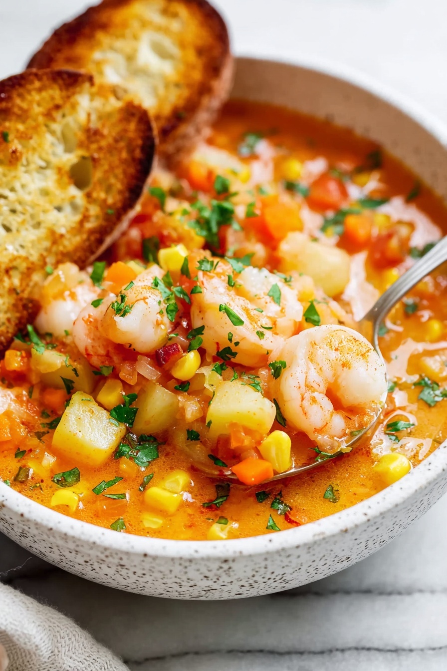 The image shows a bowl filled with a shrimp stew that has three main layers: the base is a rich orange broth, the middle layer consists of small yellow corn kernels, diced orange carrots, and light yellow potato cubes mixed with bits of red tomato and onion, and the top layer is made up of plump pinkish-white shrimp and sprinkled green herbs. The stew is garnished with two crispy golden-brown toasted bread slices on the side of the white bowl, which sits on a textured light grey cloth over a white marbled surface. A spoon is partially submerged on the right side, holding shrimp and vegetables. Photo taken with an iphone --ar 2:3 --v 7