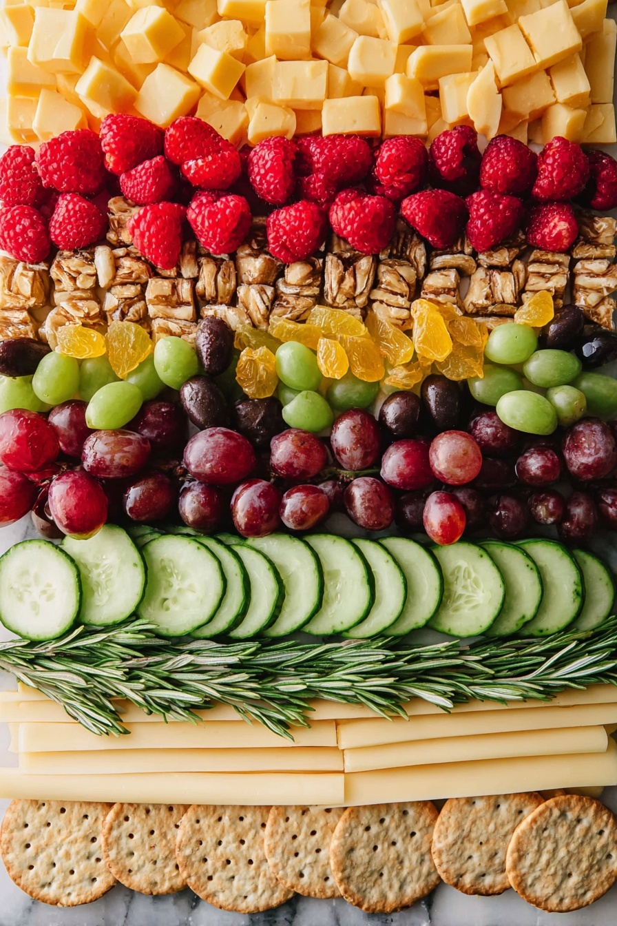 The image shows a close-up of a layered snack board arranged in neat horizontal rows on a white marbled surface. From top to bottom, the first layer consists of small yellow cheese cubes, followed by bright red raspberries mixed with a few black olives and small golden sugar crystals. Below is a layer of light brown almonds, neatly piled, and then a row of thin, round cucumber slices with small rosemary leaves sprinkled on them. A bunch of fresh green rosemary sprigs lies across the cucumber slices. This is followed by a row of dark red cherries, some with shiny surfaces, mixed sparingly with golden sugar crystals. Below the cherries, there are pale yellow cheese sticks placed horizontally, and at the bottom are more sprigs of rosemary with a few dark olives resting on light brown, textured crackers. The overall look is colorful, fresh, and clean, highlighting the different textures and colors of the ingredients. Photo taken with an iphone --ar 2:3 --v 7