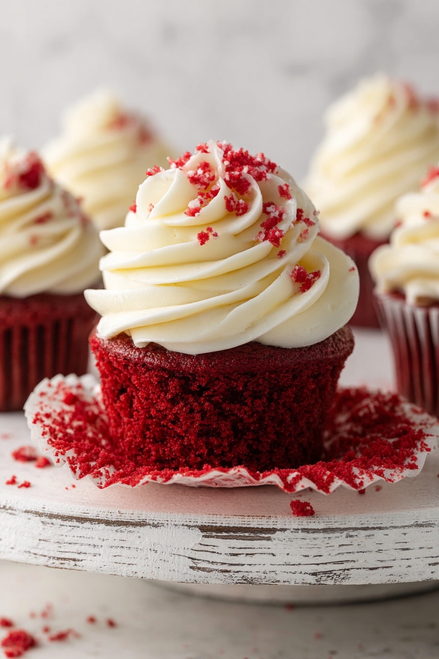 The image shows a red cupcake with a bright red bottom layer that looks soft and spongy with a slightly open red wrapper peeled down around it. On top, there is a thick swirl of smooth white frosting accented with small red crumbs scattered on it. In the background, there are more cupcakes with similar layers, all set on a white marbled surface. The focus is sharp on the main cupcake, with a blurred background giving a cozy and fresh feel. Photo taken with an iphone --ar 2:3 --v 7