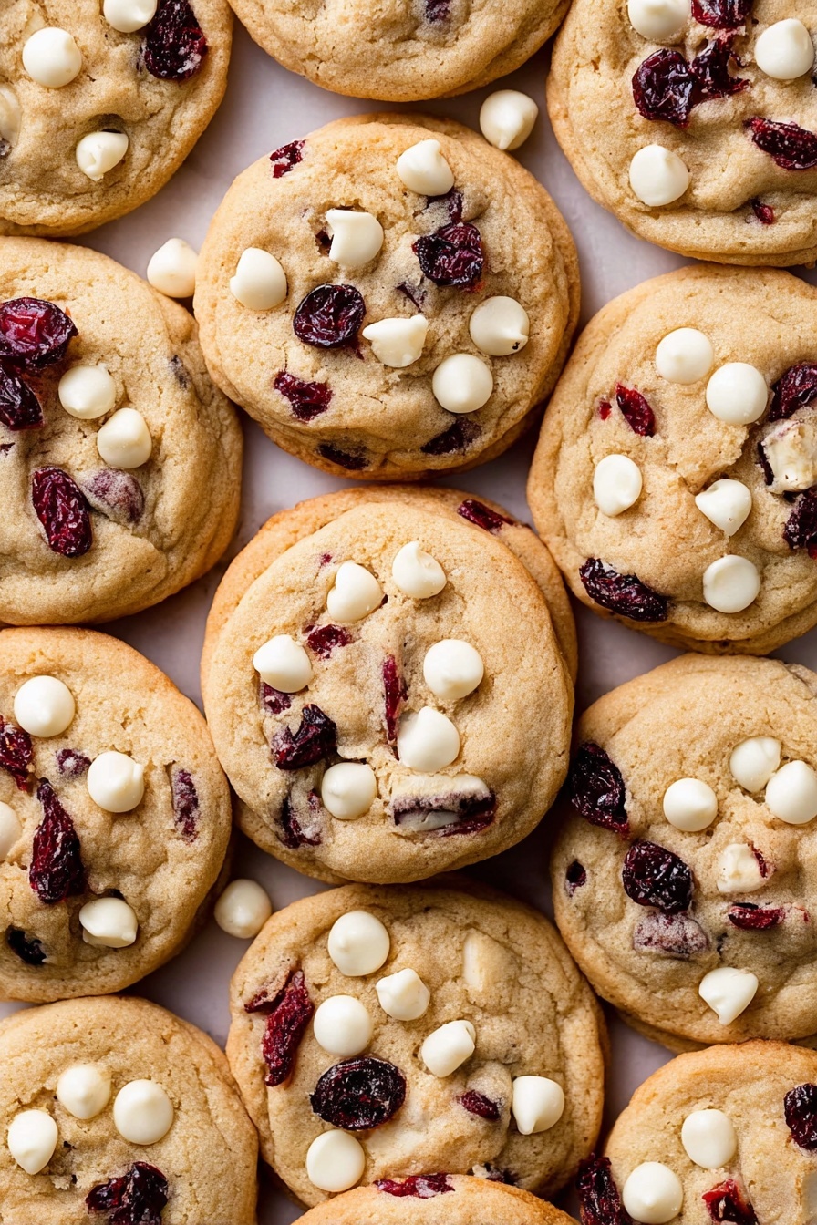 A close-up view of many round beige cookies placed closely together on a white marbled surface, each cookie having a soft, slightly textured surface with visible dark red dried cranberries and small white chocolate chips scattered unevenly throughout, with the edges of the cookies showing a light golden brown hue and a slightly crisp texture, giving a warm and inviting look. Photo taken with an iphone --ar 2:3 --v 7