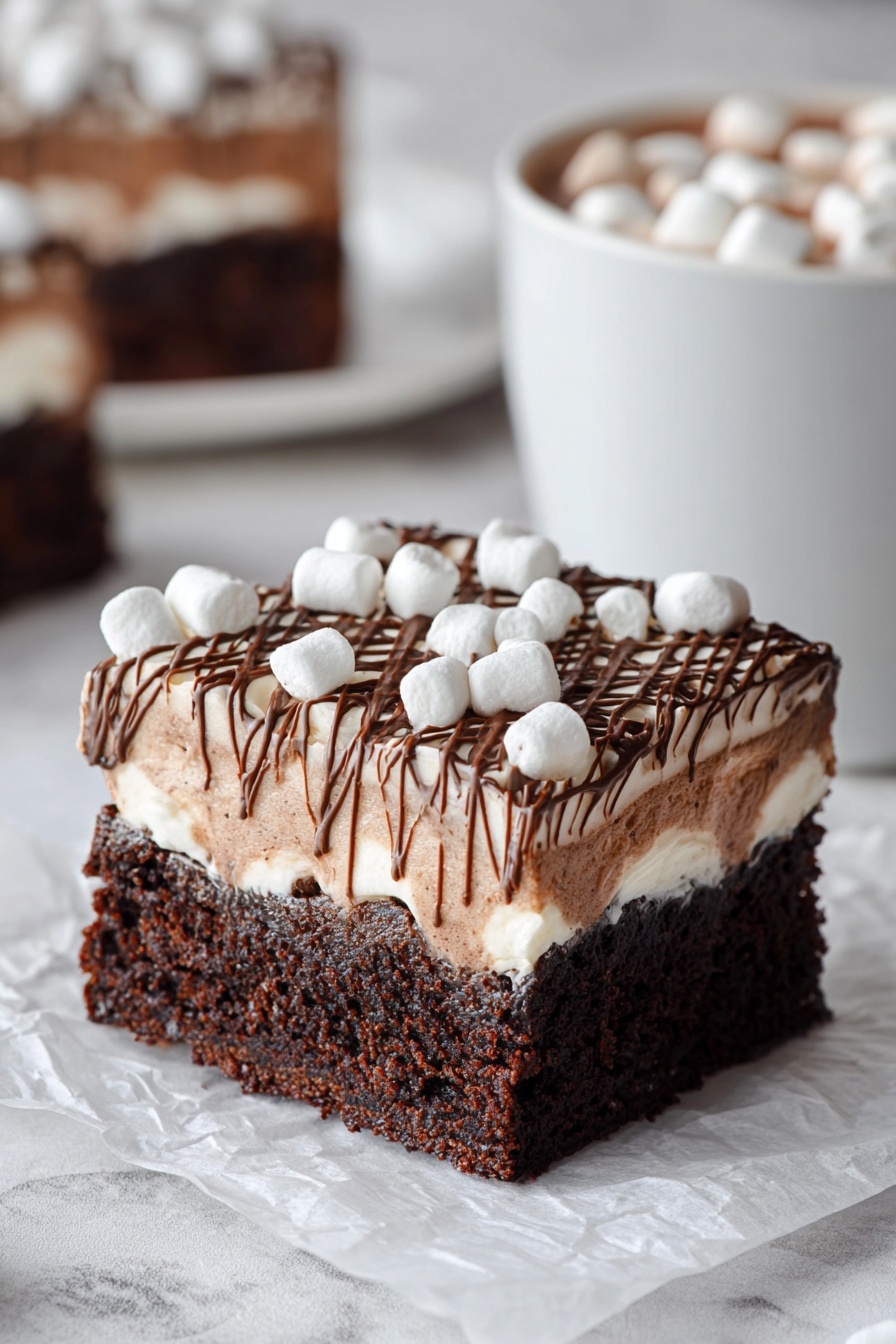 The image shows a thick square slice of chocolate cake with three layers. The bottom layer is dark brown and moist, the middle layer is white cream that looks soft and fluffy, and the top layer is a lighter brown chocolate frosting decorated with small white marshmallows and thin darker chocolate stripes. The cake is placed on light brown parchment paper on a wooden board with a white marbled background. Scattered marshmallows are around the cake, and a woman's hand is holding a fork nearby. The photo taken with an iphone --ar 2:3 --v 7