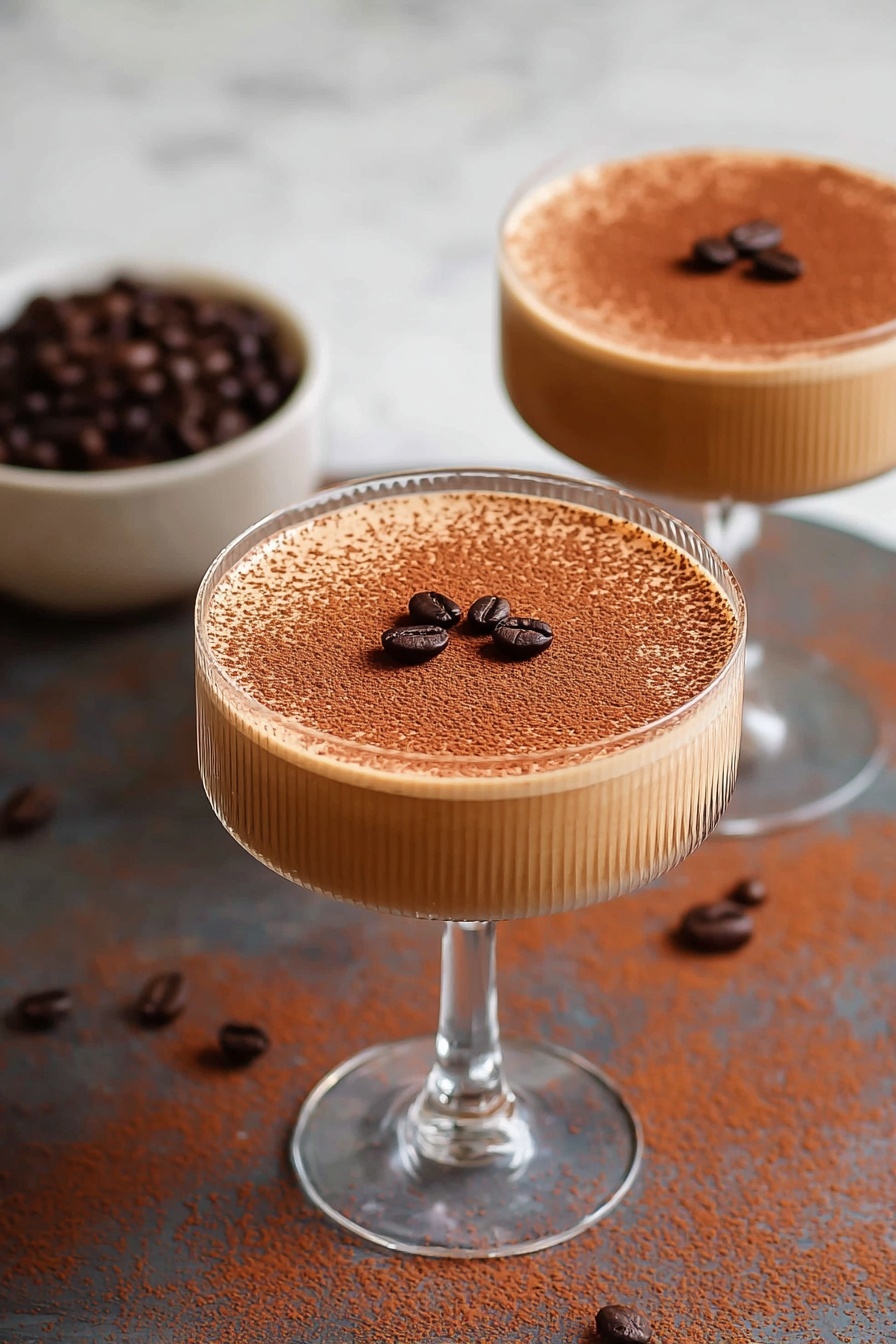 Two clear glass coupe glasses hold a smooth coffee-colored drink with a thick top layer dusted with light brown cocoa powder. Each drink is decorated with three dark roasted coffee beans placed centrally on the surface. The glasses have a ribbed texture on the bowl and a thin long stem. The background is a warm dark brown wood with scattered cocoa powder, and a white bowl filled with dark roasted coffee beans is partially visible in the background. Photo taken with an iphone --ar 2:3 --v 7