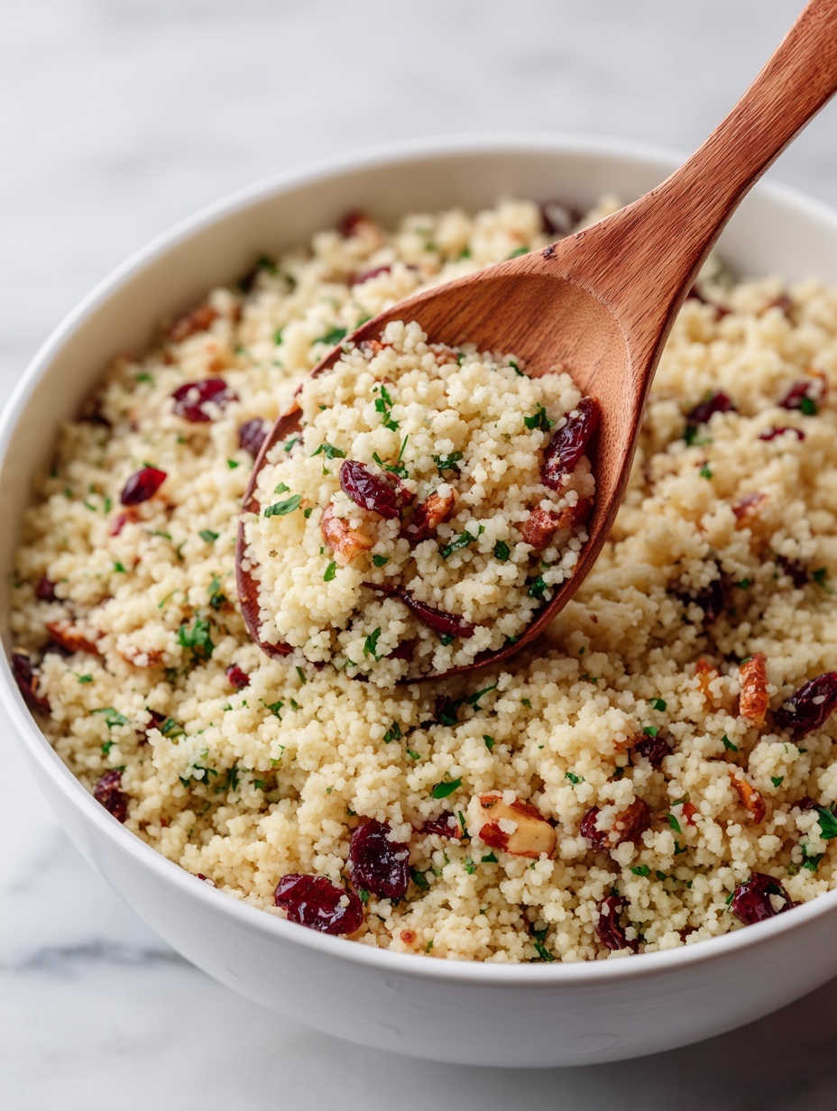 The dish shows a white plate filled with a mound of light beige couscous mixed with small pieces of dark red dried cranberries, green herbs, and white onion bits, creating a speckled look. The couscous grains are small and round, giving a grainy and slightly fluffy texture. The plate is set on a white marbled surface with a silver spoon resting inside the couscous on the right side. Part of a large white bowl filled with more couscous sits blurred in the background, partially visible near the top right, with a piece of fresh green mint placed on top of the couscous mound on the plate. Photo taken with an iphone --ar 2:3 --v 7