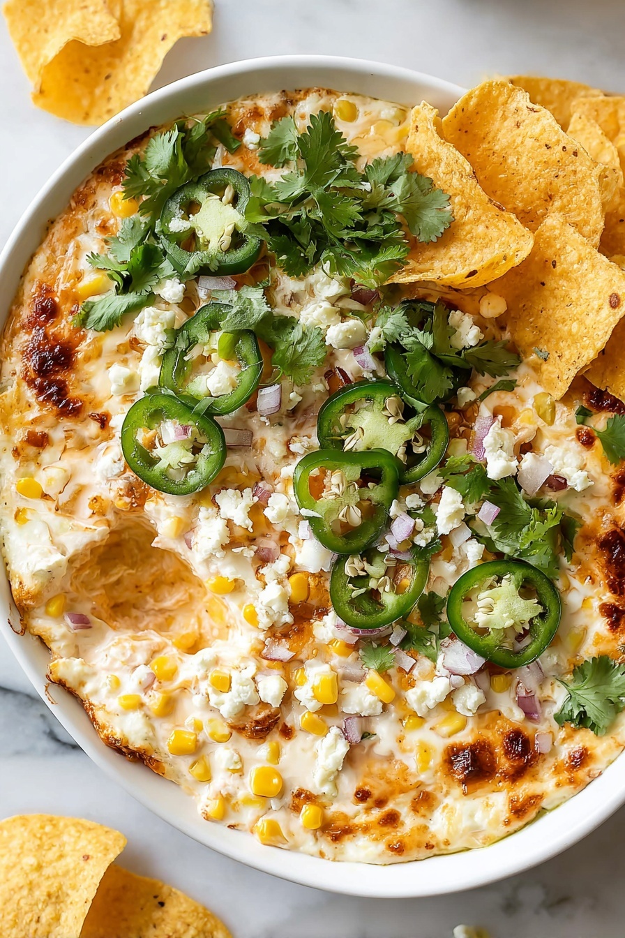 This image shows a white plate with a layered dip. The first layer is a melted cheese mix that is golden brown in spots, spread evenly across the plate. On top is a layer of yellow corn kernels scattered all over. Thin slices of green jalapeno peppers are placed mainly on the right side, adding a pop of green. Diced small purple onions are scattered lightly across the dip. Crumbled white cheese is spread on the right section, while a bunch of fresh green cilantro leaves cover the top center. Several yellow tortilla chips are partially dipped into the creamy layer near the bottom left. The surface beneath the plate is white marble, adding a clean background. Photo taken with an iphone --ar 2:3 --v 7