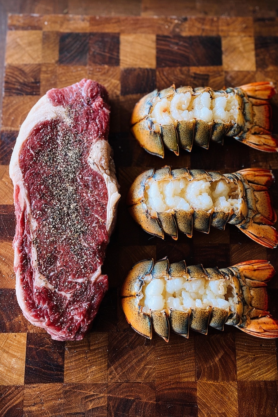 The image shows four raw lobster tails placed side by side on a wooden cutting board with a large raw steak next to them on the left. Each lobster tail has a brown shell with orange and white flesh inside that is lightly sprinkled with salt and pepper. The steak on the left is red with marbling of fat visible and also dusted with salt and pepper. The wood cutting board has a checkered pattern of different shades of brown. The surrounding surface is changed to a white marbled texture. photo taken with an iphone --ar 2:3 --v 7