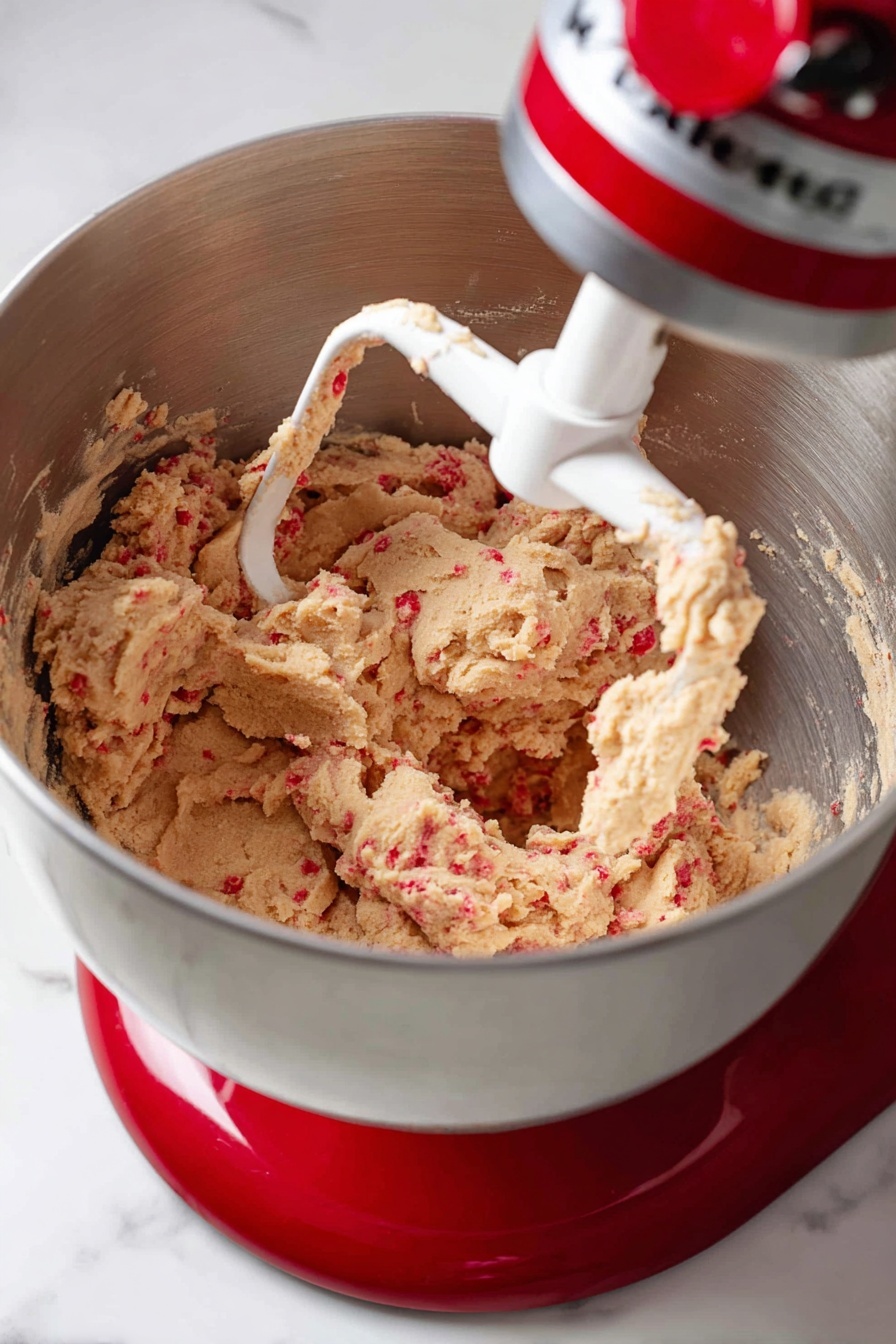 A red stand mixer with a white paddle attachment shows a thick, beige cookie dough mixed with small pieces of bright red fruit evenly spread throughout. The dough is inside a shiny metal bowl attached to the mixer, with some dough sticking lightly on the sides of the bowl and paddle. The scene is set on a white marbled surface. photo taken with an iphone --ar 2:3 --v 7