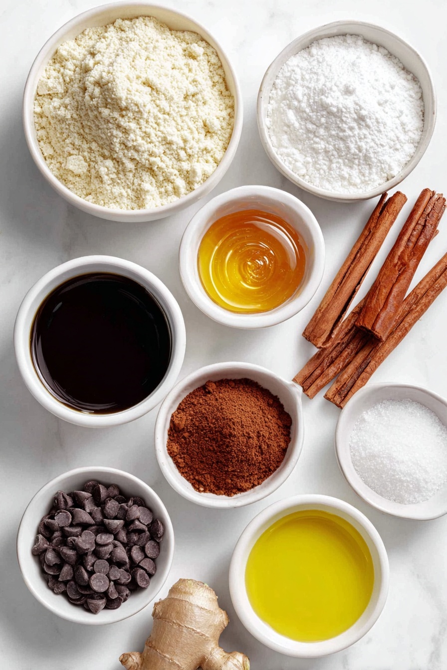 Flat lay of a small mound of pale almond flour, a small mound of white coconut flour, a tiny heap of bright orange ground ginger powder, a small heap of warm brown cinnamon powder, a pinch of fine white salt, a smooth dollop of creamy almond butter, a small white bowl filled with golden honey, a small white bowl containing dark glossy molasses, whole uncracked brown eggs arranged neatly, all placed on simple white ceramic bowls and plates, perfectly balanced and symmetrical arrangement placed on a clean white marble surface, soft natural light, photo taken with an iPhone, professional food photography style, fresh ingredients, white ceramic bowls, no bottles, no duplicates, no utensils, no packaging --ar 2:3 --v 7 --p m7354615311229779997