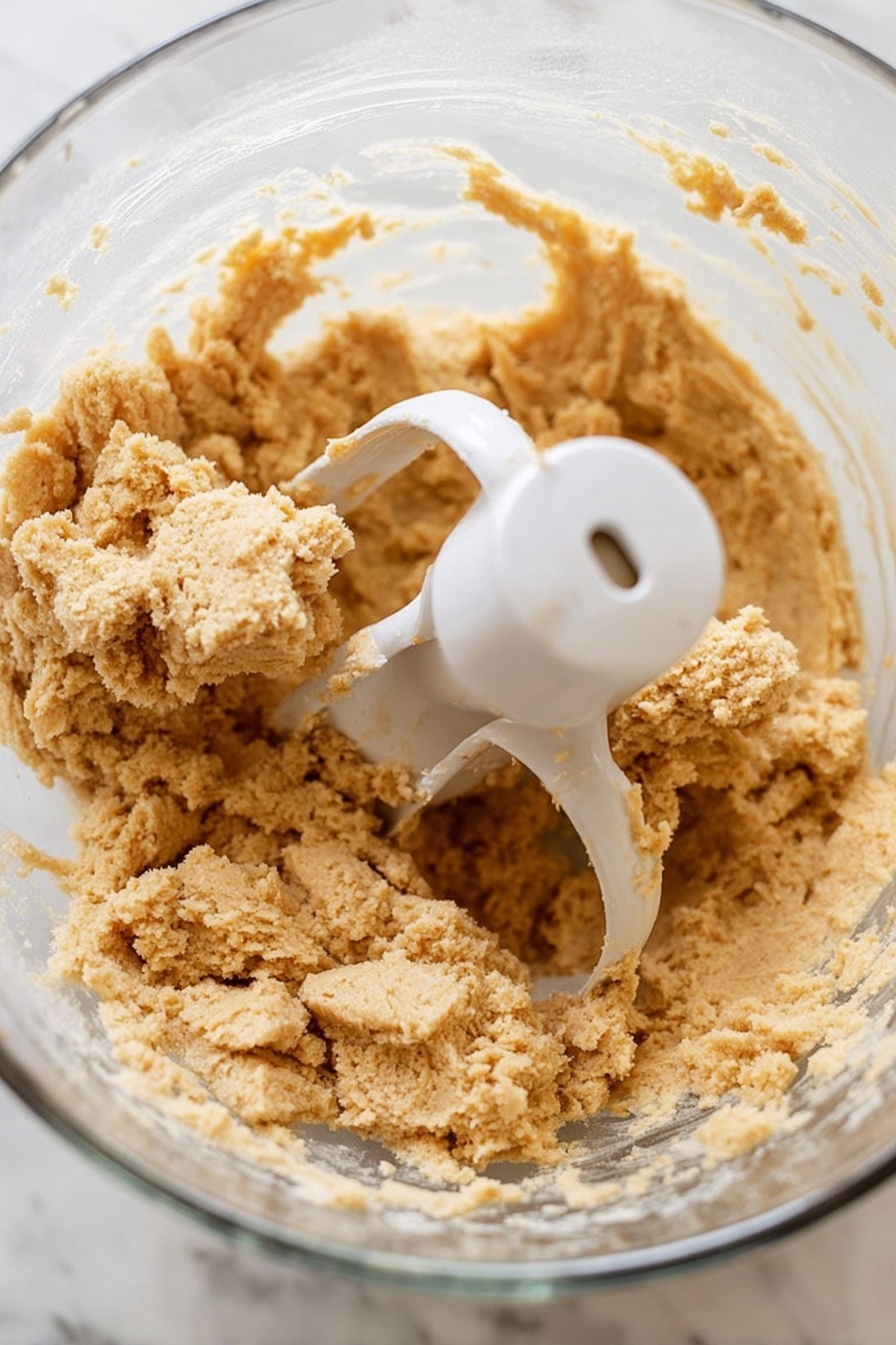 The image shows light tan dough in a clear glass bowl with a white mixing blade in the center. The dough looks slightly crumbly and sticky, clinging around the mixing blade and bowl edges. The bowl is placed on a white marbled surface. photo taken with an iphone --ar 2:3 --v 7