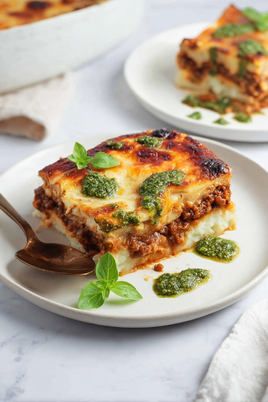 A square piece of layered baked dish sits on a white plate with a golden spoon next to it. The bottom layer is pale and creamy, the middle layer is a dark reddish-brown with visible small bits of minced meat or sauce, and the top layer is golden brown with melted cheese that looks slightly crisp and browned in places. Bright green dollops of pesto or herb sauce are scattered on the top and around the plate. In the background, another similar piece of the dish is visible on a white plate, all placed on a white marbled surface. Photo taken with an iphone --ar 2:3 --v 7
