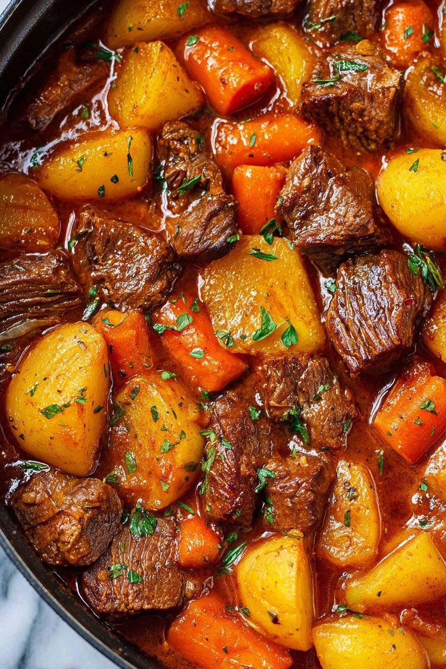 The close-up image shows a stew with chunky layers of golden yellow potatoes, bright orange carrot pieces, browned beef chunks, and soft translucent onion slices. The ingredients are mixed in a rich, reddish-brown sauce with small green thyme leaves sprinkled on top, providing a fresh contrast. The textures vary from the smooth sauce and tender vegetables to the slightly rough, cooked beef. The layers sit evenly spread with the potatoes and carrots interspersed among the beef and onions, creating a colorful and hearty visual. The photo taken on a white marbled surface with an iphone --ar 2:3 --v 7