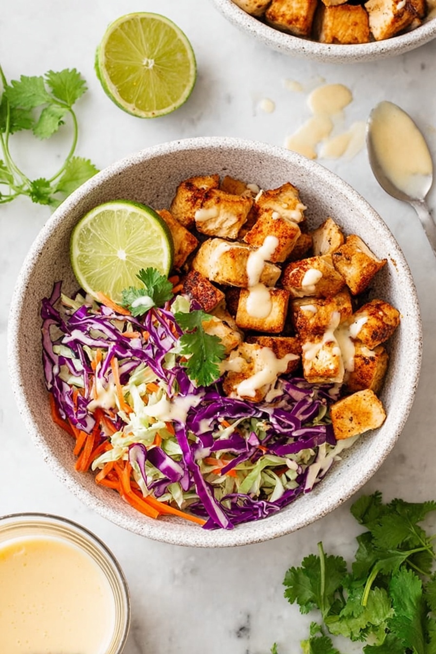 A round white speckled bowl sits on a white marbled surface, filled with two main layers: on one side, a bed of mixed shredded cabbage in purple and white with thin orange carrot strips and green cilantro leaves on top, and on the other side, well-seasoned chunks of golden-brown chicken pieces drizzled with a light creamy sauce. A lime wedge rests near the cabbage layer. In the background, parts of two other white bowls show similar colorful cabbage and chicken, along with sprigs of fresh green cilantro and a small glass of pale sauce nearby. photo taken with an iphone --ar 2:3 --v 7