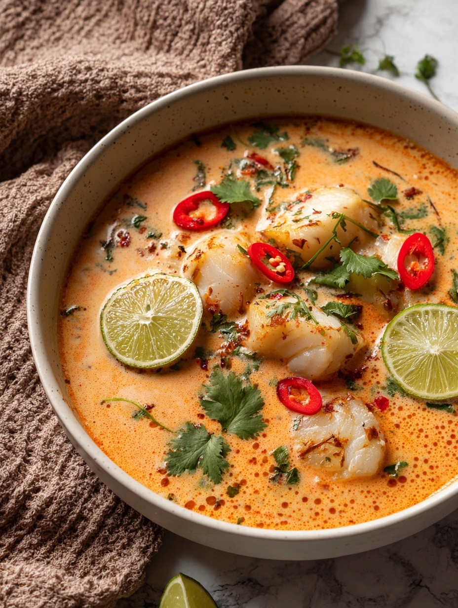 A white bowl filled with a creamy orange soup, layer one is the smooth orange broth, layer two shows light white pieces of shredded chicken, scattered red slices of chili pepper, thin green rings of scallions, and chunks of light beige mushrooms. On top, bright green fresh cilantro leaves spread over the surface, with two thin lime slices placed partially inside the soup. The bowl is set on a white marbled surface with a mustard yellow cloth with fringes nearby. photo taken with an iphone --ar 2:3 --v 7