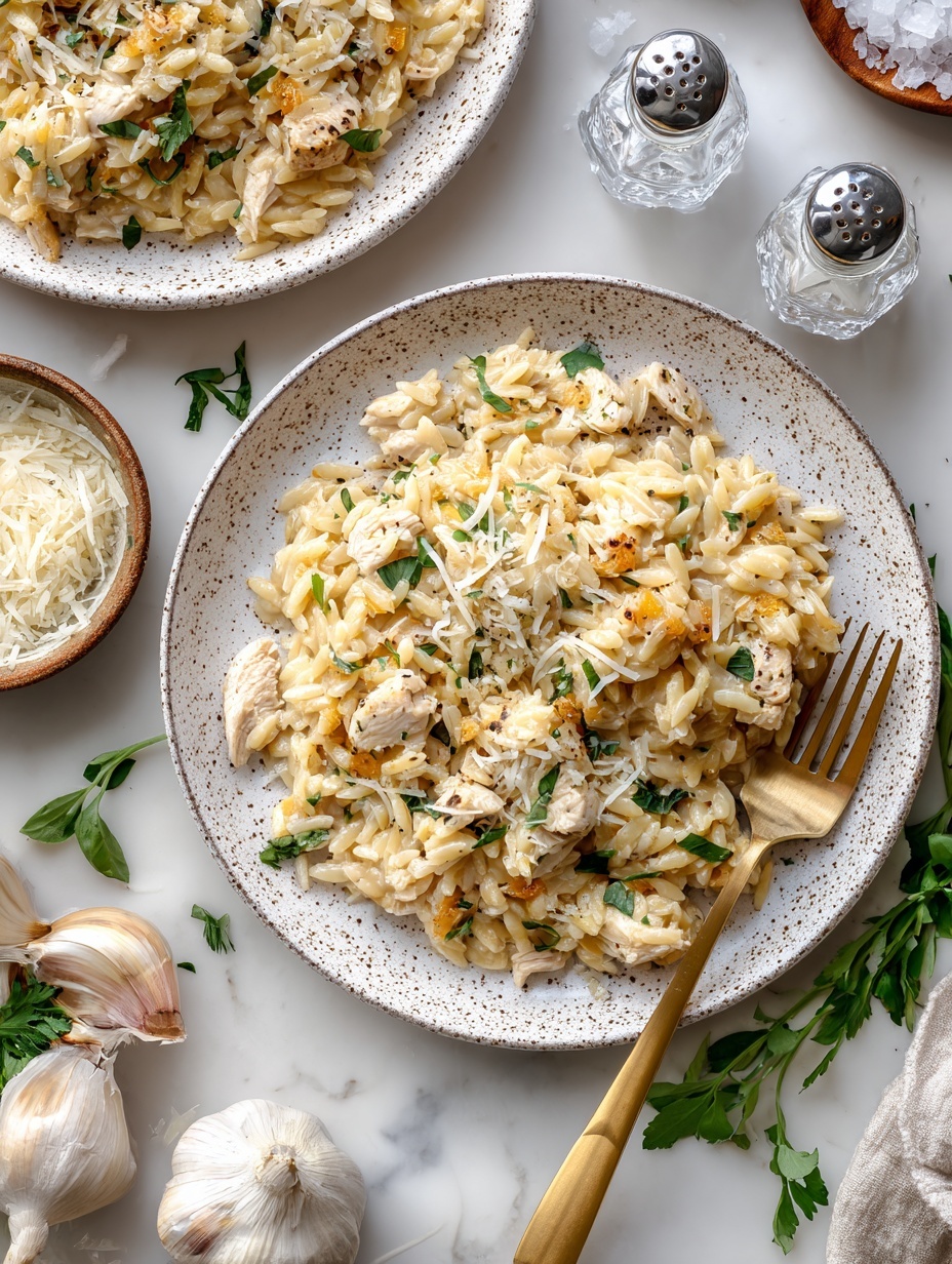 A plate of orzo pasta mixed with small pieces of light brown cooked chicken and onion slices sits in the center. The orzo is a pale golden color, covered with a light sprinkle of white grated cheese and small green herb leaves on top, creating a fresh look. Around the plate, a gold-colored fork rests on the edge. Nearby, there is a small white bowl filled with more grated cheese, a whole garlic bulb, salt and pepper shakers, and sprigs of fresh green herbs scattered on a white marbled surface. The overall setting looks warm and inviting with soft, natural light. photo taken with an iphone --ar 2:3 --v 7