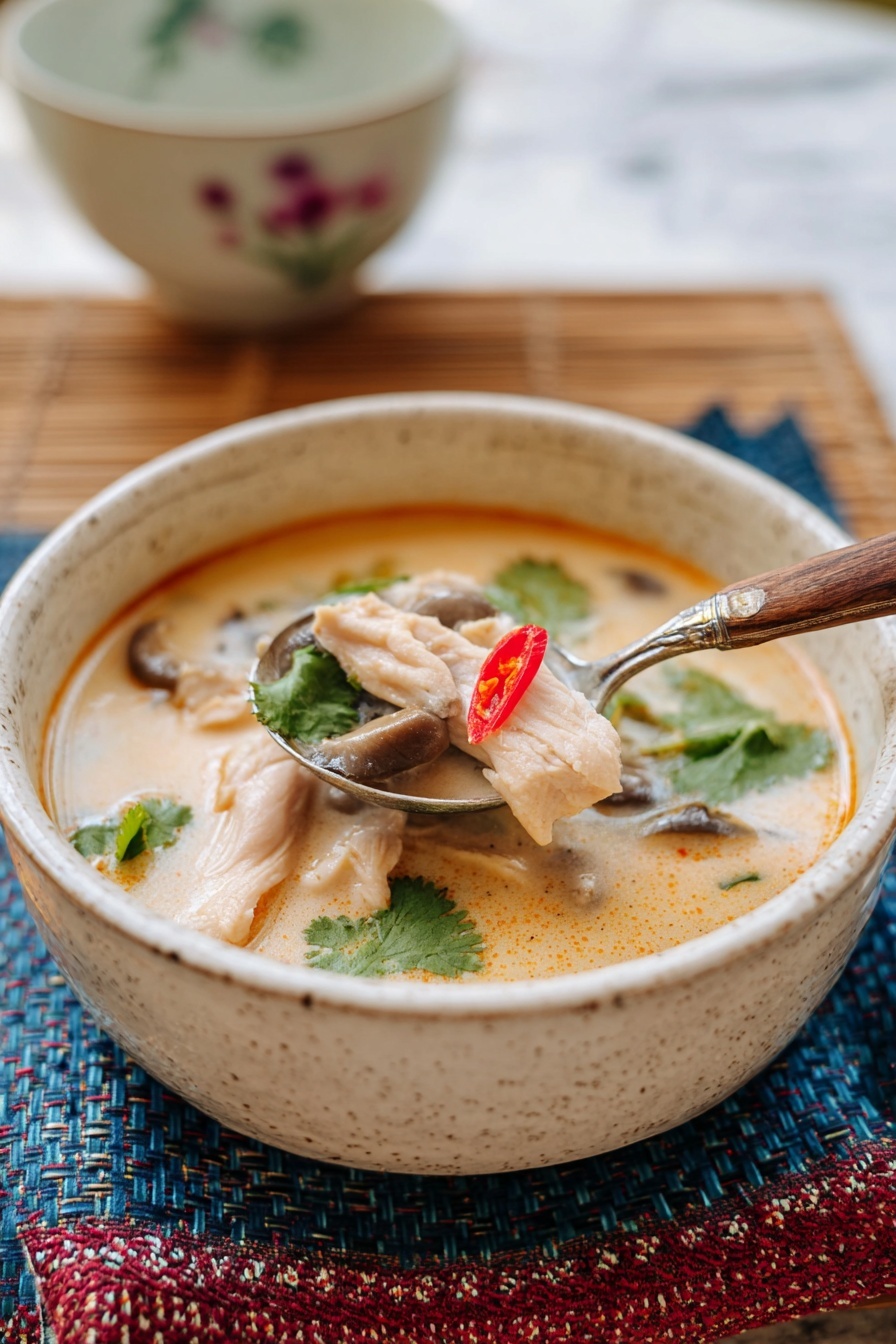 A bowl of creamy orange soup with visible pieces of light pink chicken, soft brown mushrooms, bright green cilantro leaves, and a whole red chili pepper floating on top. The soup fills the white ceramic bowl with brown speckles along the rim. A spoon with a wooden handle rests in the bowl, lifting chicken and mushrooms covered in the soup. The bowl sits on a red and blue woven cloth, all placed on a white marbled surface. Photo taken with an iphone --ar 2:3 --v 7