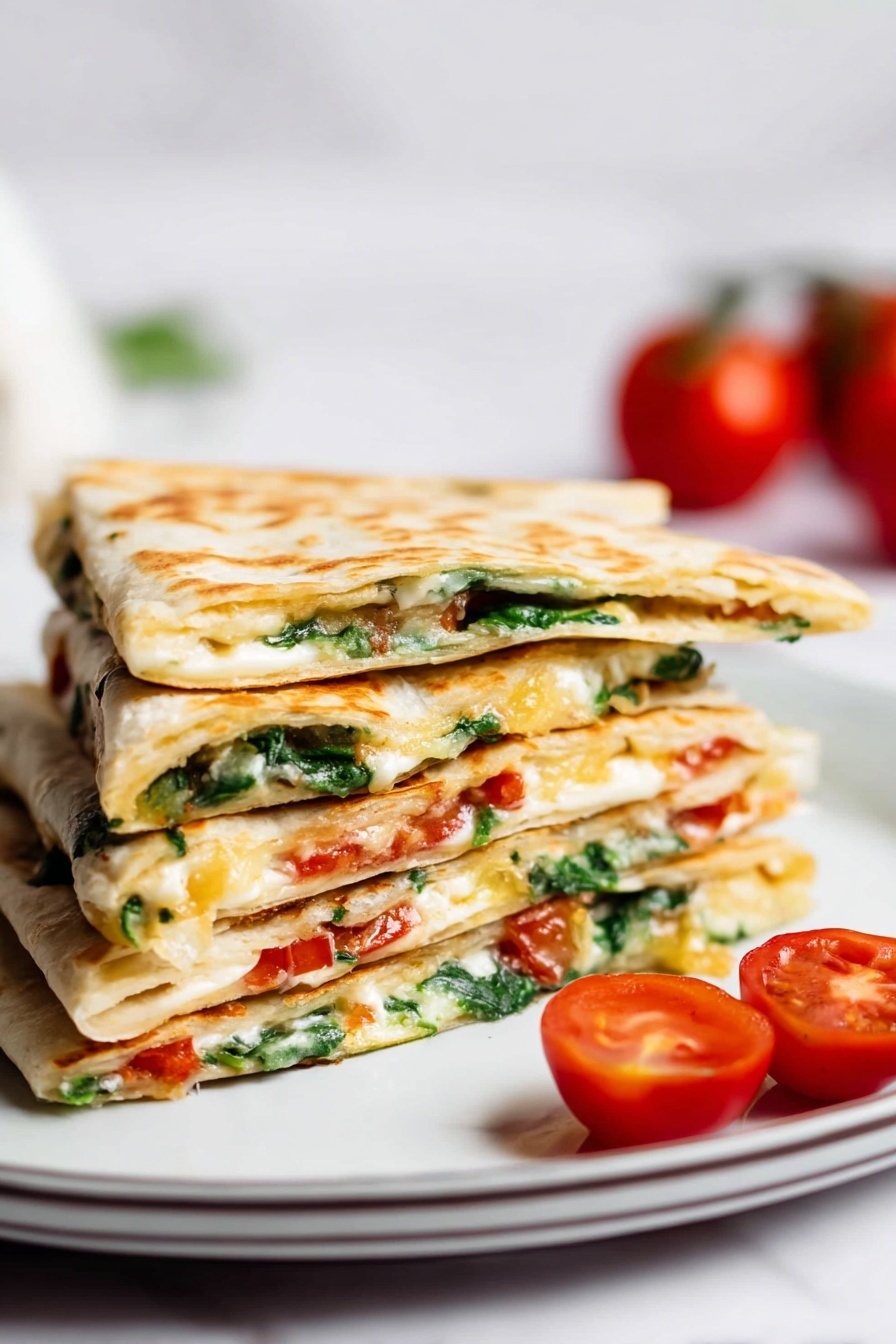 A white plate on a white marbled surface holds a stack of four folded quesadilla pieces arranged in an angled pile. Each piece shows visible layers of light golden brown crisp tortillas with fillings of green spinach leaves, white melted cheese, and small red tomato pieces. To the right of the stack are two whole cherry tomatoes, one sliced in half, showing a juicy red interior. In the blurred background, there is a glass bowl with red sauce and a white bowl further back. Photo taken with an iphone --ar 2:3 --v 7