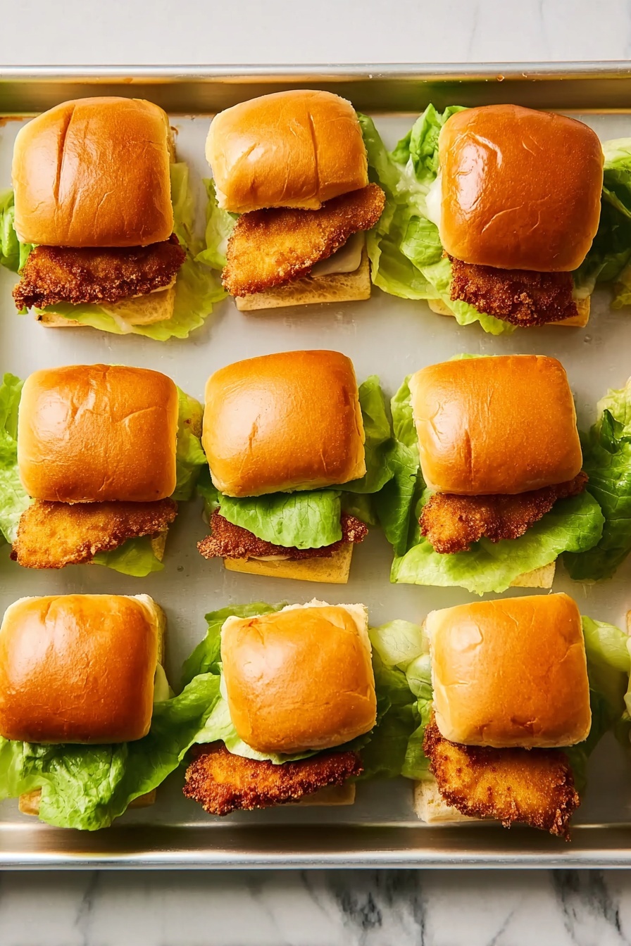 Three mini fried chicken sandwiches sit on a white plate with a soft green tint. Each sandwich has three layers: a shiny golden top bun, a crispy golden-brown fried chicken piece in the middle, and a layer of bright green lettuce at the bottom. Light orange creamy sauce drips from the chicken onto the lettuce and plate, with one sandwich partially eaten showing the soft white inside of the bun. The background is a white marbled texture with a clear glass and another white plate with more lettuce partially visible. photo taken with an iphone --ar 2:3 --v 7