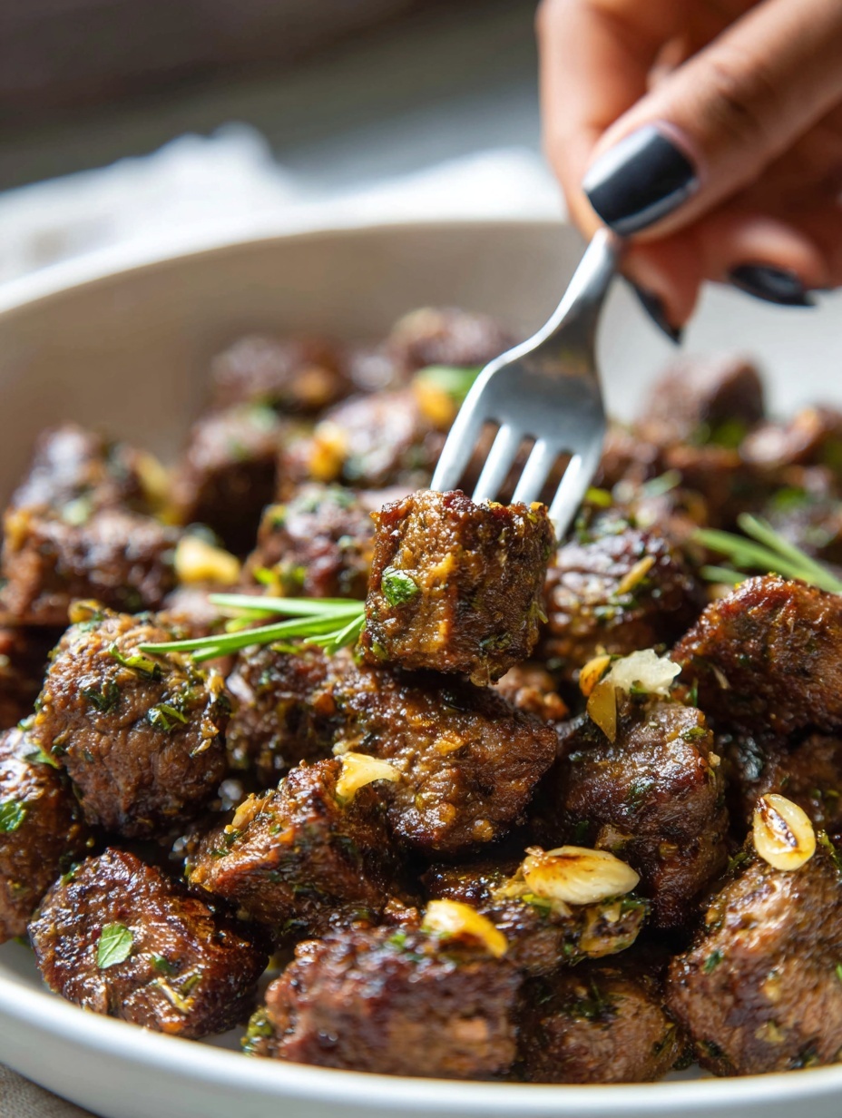 A black cast iron pan filled with many small pieces of cooked brown meat, each piece showing a slightly crispy texture on the edges. The meat is sprinkled with small bits of green herbs and light golden garlic pieces. A woman's hand with dark gray nails is holding a silver fork, picking up one piece of the meat from the pan. The background shows a blurred white marbled texture surface. photo taken with an iphone --ar 2:3 --v 7