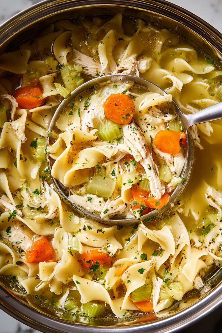 A close-up view of a pot filled with chicken noodle soup shows several layers of ingredients. The bottom layer is light brown broth with a clear texture. Floating on top are wide, pale yellow egg noodles with a soft, curly shape. Scattered among the noodles are orange carrot slices with a slightly smooth surface, and light green celery pieces with a fibrous texture. White pieces of shredded chicken are spread evenly, showing fibrous strands. Small bits of green herbs are sprinkled on all the ingredients, adding a touch of green color. A silver ladle is partially submerged, lifting a scoop of soup made of broth, noodles, chicken, carrots, and celery. The pot rests on a white marbled surface. Photo taken with an iphone --ar 2:3 --v 7