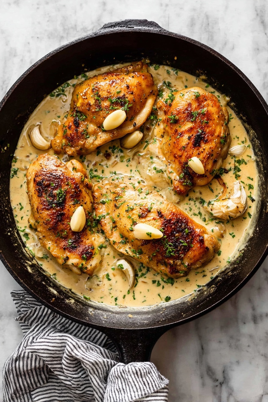 The image shows four golden-brown cooked chicken pieces placed in a black cast iron pan. Each chicken piece is partly covered with a light cream-colored sauce that has a smooth texture. Around and on top of the chicken, there are a few whole garlic cloves and small green herb sprinkles. The pan sits on a white marbled surface with a black and white striped cloth tied around the pan's handle. The photo taken with an iphone --ar 2:3 --v 7