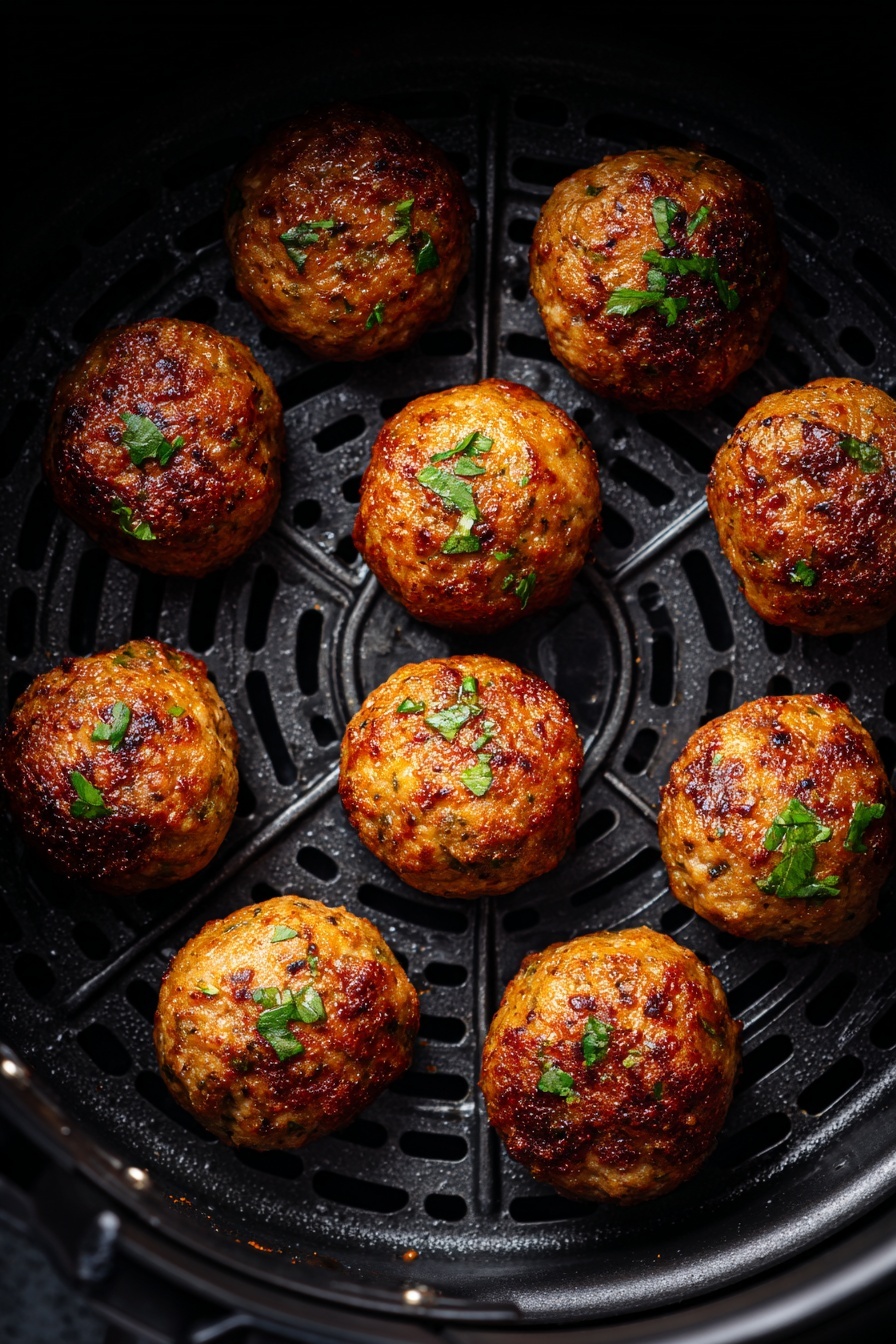 The image shows a black air fryer basket filled with twelve golden-brown meatballs that have a slightly crispy texture on the outside. Each meatball is round and cooked evenly, with small bits of green herbs sprinkled on top, adding a hint of freshness and color contrast. The air fryer basket has a grid-like surface with narrow slots where some oil glistens, and the background is black with a soft focus on the edges creating a sense of depth. photo taken with an iphone --ar 2:3 --v 7