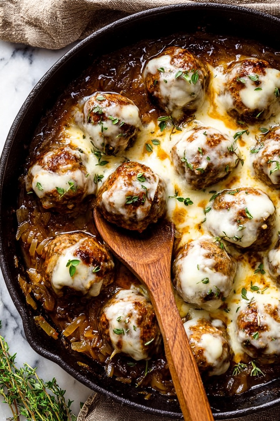 The image shows a black cast iron skillet filled with around fifteen round meatballs, each topped with melted white cheese that looks soft and slightly browned. The meatballs sit on a base layer of rich, caramelized onions mixed with a brown sauce, all garnished with fresh green herbs sprinkled on top. A wooden spoon rests inside the skillet, among the meatballs, showing the texture of the sauce and onions under them. The skillet is placed on a white marbled surface with some green herb sprigs scattered around. photo taken with an iphone --ar 2:3 --v 7