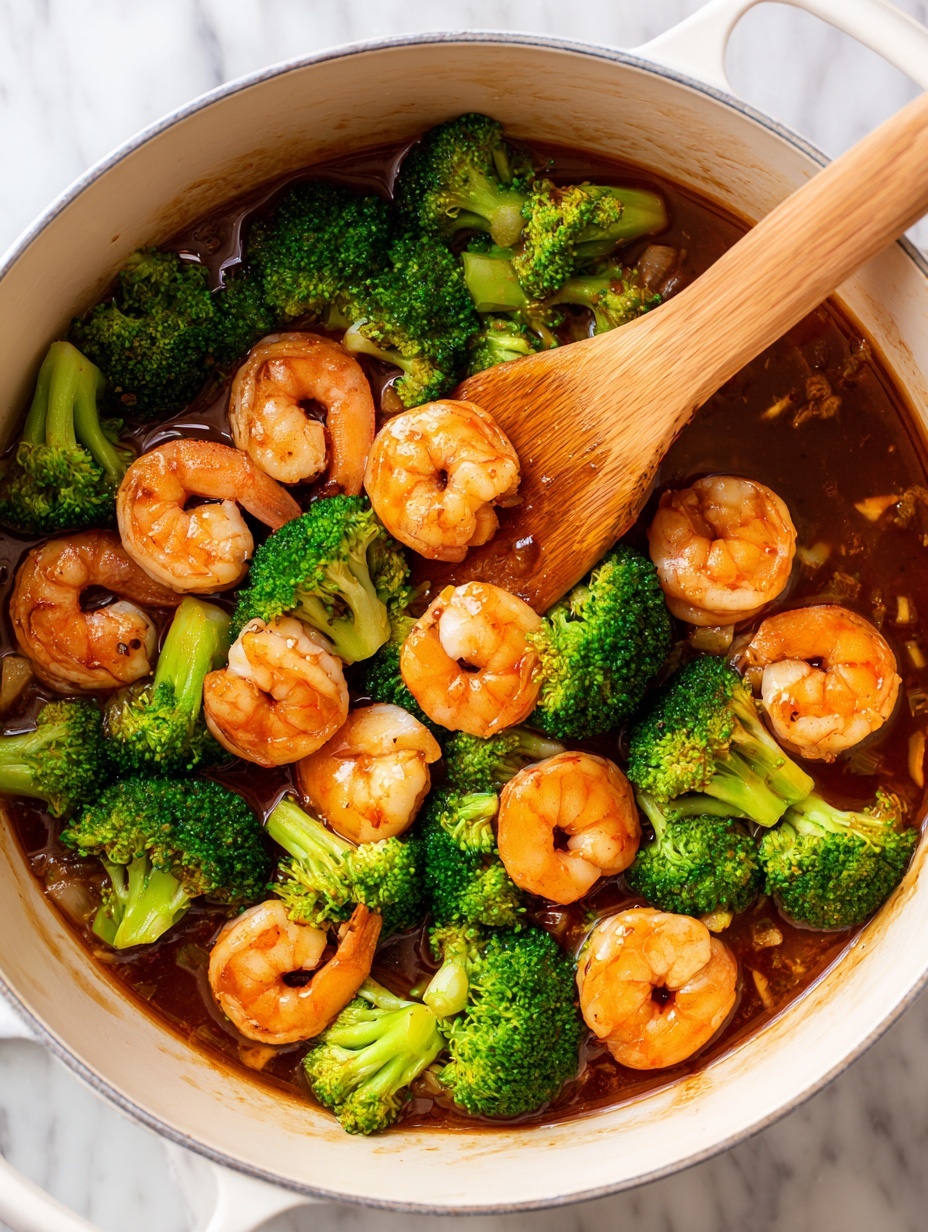 The image shows a close-up of shrimp stir-fry with broccoli in a white bowl. There are many shrimp, bright orange and curled, each covered in a shiny, dark brown sauce with small bits of garlic visible. The broccoli florets are bright green and look fresh, scattered evenly among the shrimp. A wooden spatula is lifting some shrimp and broccoli from the bowl, with a woman's hand holding it gently. The background is a white marbled texture. photo taken with an iphone --ar 2:3 --v 7