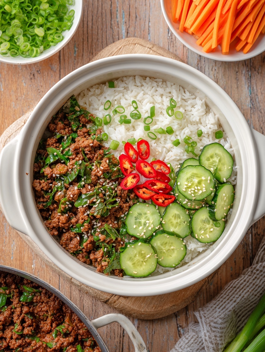 A white round plate holds two layers; the bottom layer is soft cooked rice in light beige color with visible grain texture, and on top is a thick layer of cooked ground meat mixed with green onion slices, showing small green and brown pieces and a slightly oily sheen with some red specks. Behind the plate, there is a small white bowl filled with light brown sesame seeds and part of a dark glass cup standing on a cork coaster, all set on a white marbled surface. Photo taken with an iphone --ar 2:3 --v 7