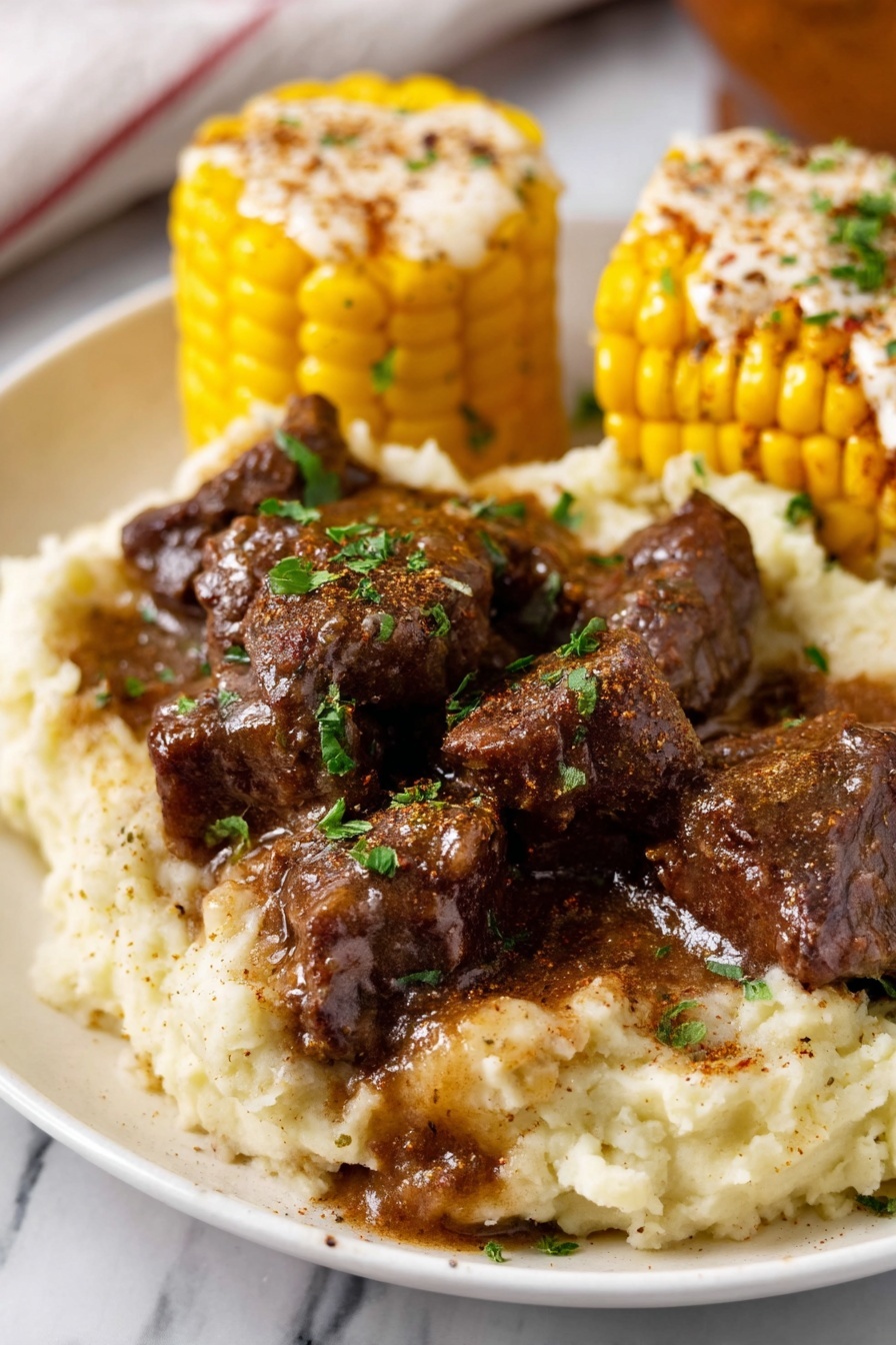 A white plate holds a layered dish starting with a base of creamy white mashed potatoes, soft and fluffy in texture. On top of the mashed potatoes are several chunks of dark brown beef stew coated in rich, glossy brown sauce, sprinkled with small bits of green herbs. To the side, there is an ear of yellow corn with hints of white, coated lightly with seasoning and small green herb pieces. A small bunch of fresh green parsley is placed next to the corn for garnish. The plate is set on a white marbled surface, with parts of a colorful cloth napkin visible nearby and two silver forks resting beside the plate. Photo taken with an iphone --ar 2:3 --v 7