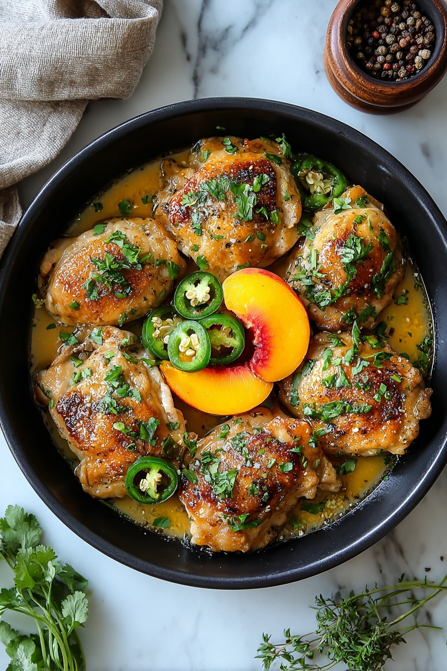 A round black bowl holds six pieces of cooked chicken with a golden brown, slightly charred surface topped with chopped green herbs. Around the chicken pieces are bright orange peach halves and green jalapeño slices with visible seeds. The dish has a light sauce at the bottom, and fresh cilantro leaves scatter on top and around the food. The bowl is placed on a white marbled surface with sprigs of fresh herbs nearby, a pepper shaker, and part of a gray cloth visible. photo taken with an iphone --ar 2:3 --v 7