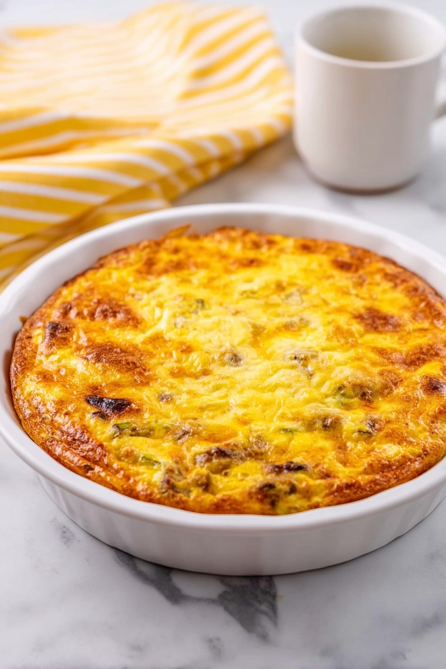 A single triangular slice of a baked dish sits on a white plate with a textured pattern, placed on a white marbled surface. The slice has two visible layers: the bottom layer is light creamy yellow mixed with small browned meat pieces, while the top layer is a melted golden orange cheese crust that looks slightly crispy. In the background, a larger round white dish with the remaining baked dish is blurred out, showing the same golden top layer. A silver fork rests beside the slice on the plate. Photo taken with an iphone --ar 2:3 --v 7