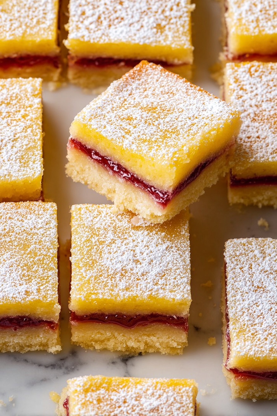 A close-up view of nine square dessert bars arranged in a grid on a white marbled surface, each bar showing three clear layers: a light golden brown bottom crust with a crumbly texture, a thin middle layer of dark red jam, and a thick top layer of bright yellow custard with a smooth, creamy texture. The top is dusted evenly with fine white powdered sugar. Two bars are slightly lifted to show the layers in detail, revealing the jam's glossy contrast against the custard and crust. The overall colors are warm yellows, golden browns, and deep reds, with the powdered sugar adding a soft white touch, photo taken with an iphone --ar 2:3 --v 7
