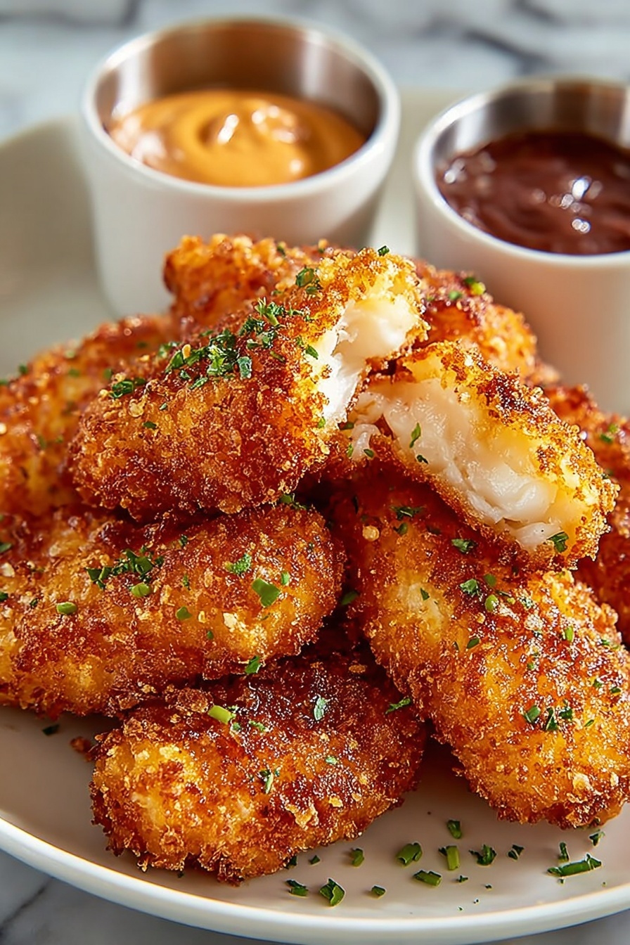 A white plate holds a stack of eight golden-brown fried chicken pieces with a crispy, textured crust sprinkled with small green chive bits. The top piece is cut to show the white, moist interior with flaky layers. In the background, two small white cups contain dipping sauces, one light yellow and the other reddish-brown. The setting has a white marbled texture surface, giving a clean and bright look. photo taken with an iphone --ar 2:3 --v 7