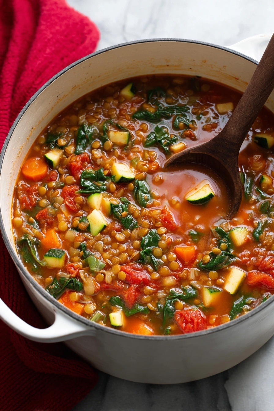 This image shows a white pot filled with a colorful soup on a white marbled surface. The soup has many small pieces of vegetables like orange carrots, green zucchini, and leafy greens floating in a rich, orange-red broth with lentils and tomato chunks. A dark wooden spoon is partially immersed in the soup, stirring it. In the background, there is a dark red cloth with soft folds. Photo taken with an iphone --ar 2:3 --v 7
