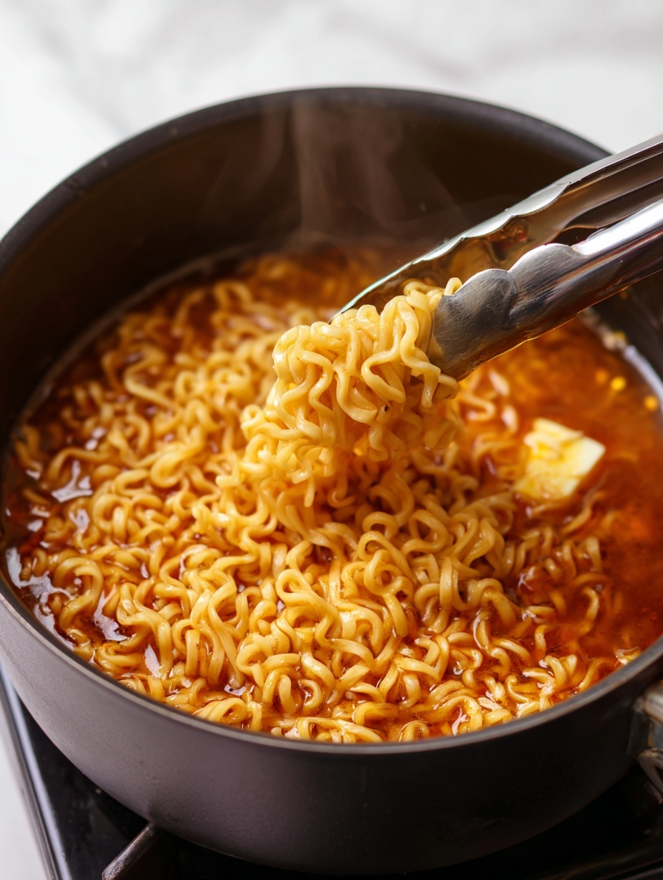 A black pot filled with curly orange noodles immersed in a rich reddish-orange broth, with some noodles being lifted out by a pair of metal tongs held by a woman's hand at the top left corner. The noodles have a slightly glossy texture and appear soft, swirling in the vibrant liquid. The scene is set on a white marbled surface with a white hexagonal tile pattern visible at the bottom. photo taken with an iphone --ar 2:3 --v 7