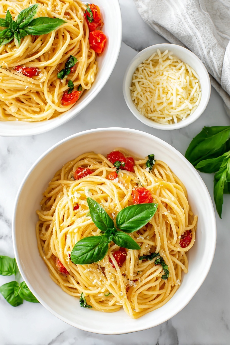A stainless steel pot filled with a light brown broth that has floating cherry tomatoes, bright green spinach leaves, yellow spiral pasta strands, and translucent onion slices. A woman's hand holding metal tongs is lifting some of the yellow pasta from the broth. The pot sits on a white marbled surface, and the background also shows the white marbled texture. photo taken with an iphone --ar 2:3 --v 7