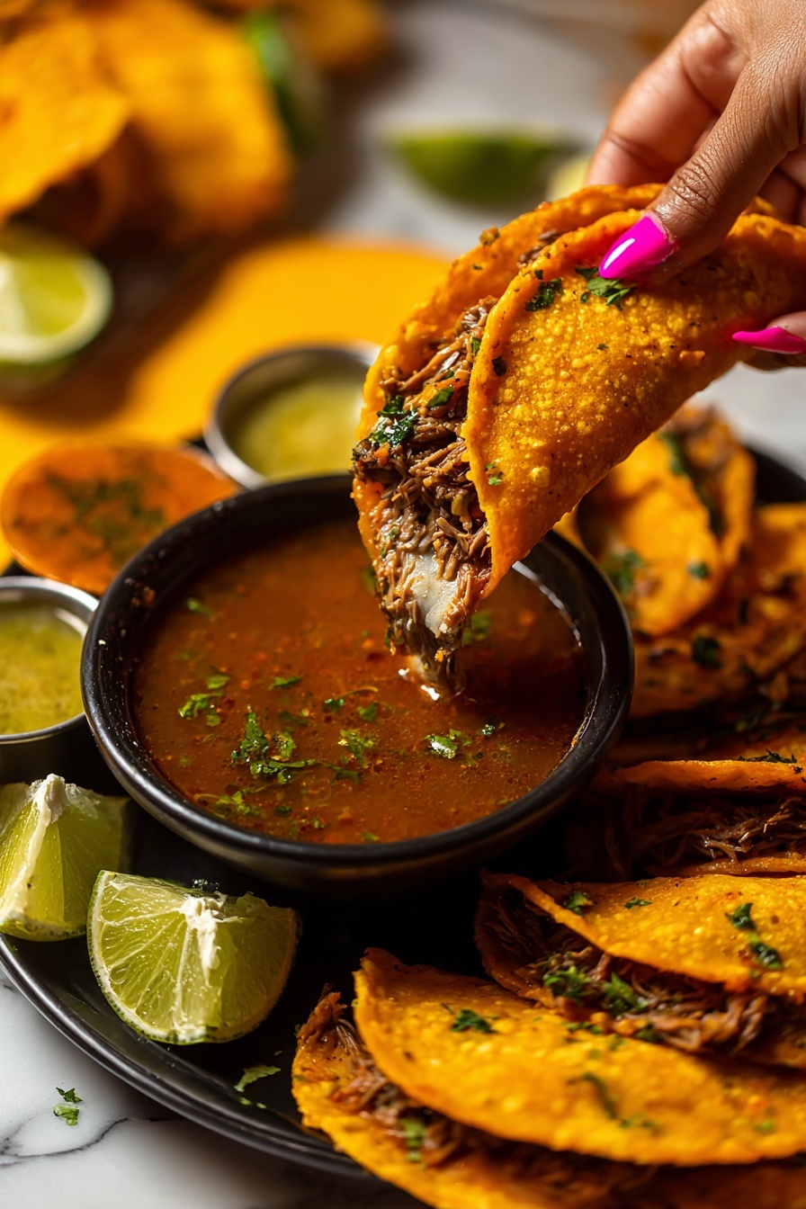 The image shows a black round plate filled with many folded tacos arranged around a small black bowl in the center holding a reddish-brown broth with herbs and spices floating on top. The tacos have orange, slightly crisp shells that appear fried, filled with shredded meat, chopped white onions, and fresh green herbs, giving the filling a textured look with bits of moisture. The plate also has bright green lime wedges placed around the tacos, adding pops of color. The overall scene is set on a white marbled surface, enhancing the vibrant colors of the food. photo taken with an iphone --ar 2:3 --v 7