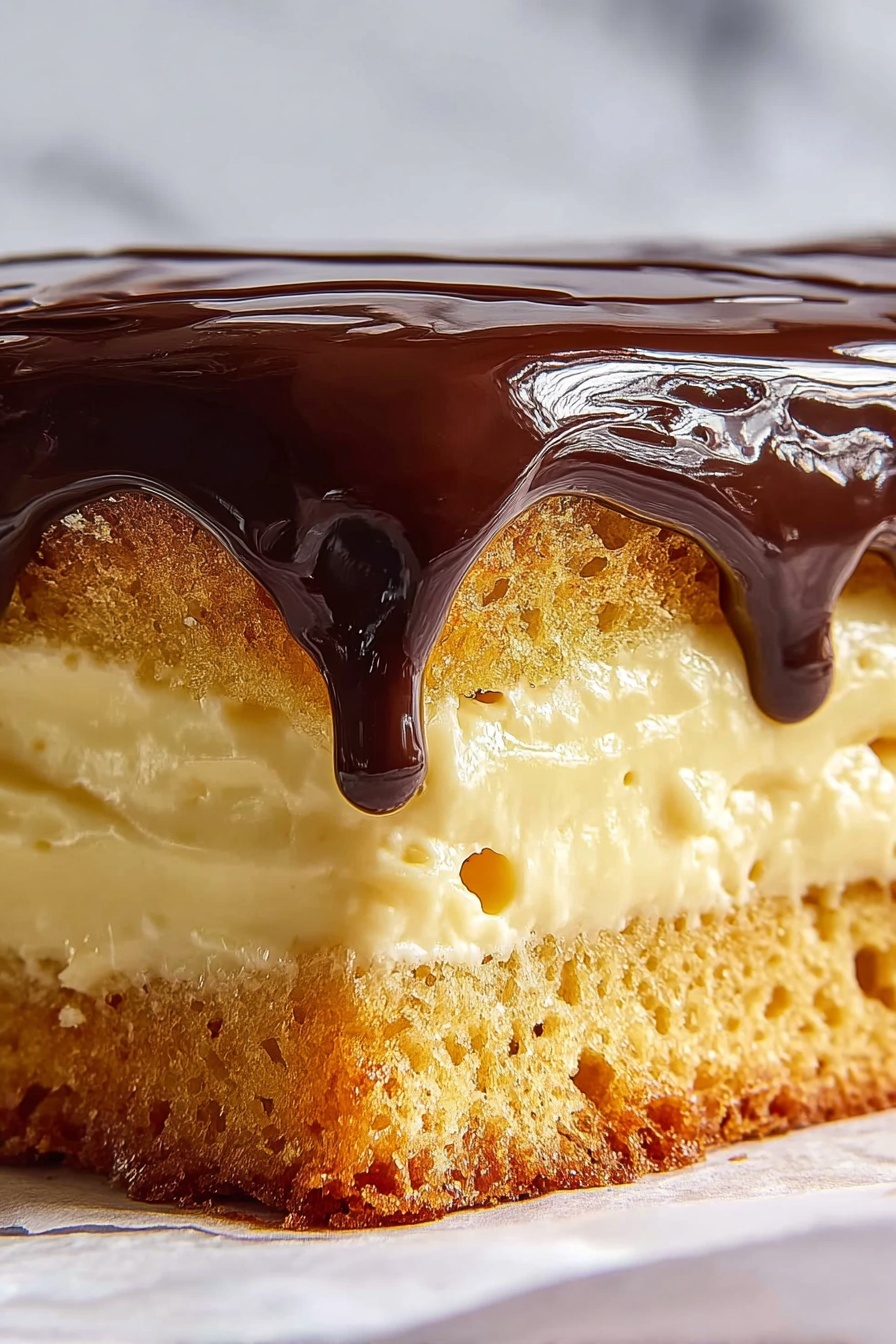 The image shows a round cake on a white plate with three visible layers. The bottom and middle layers are light yellow sponge cake with a soft texture, while the middle layer has a creamy pale yellow filling that looks smooth and thick. The top layer is glossy, dark brown chocolate frosting, spread evenly but with some gentle waves, slightly dripping over the side of the cake. A slice has been taken out, revealing all the layers clearly. The cake is placed on a surface with a white marbled texture. Photo taken with an iphone --ar 2:3 --v 7