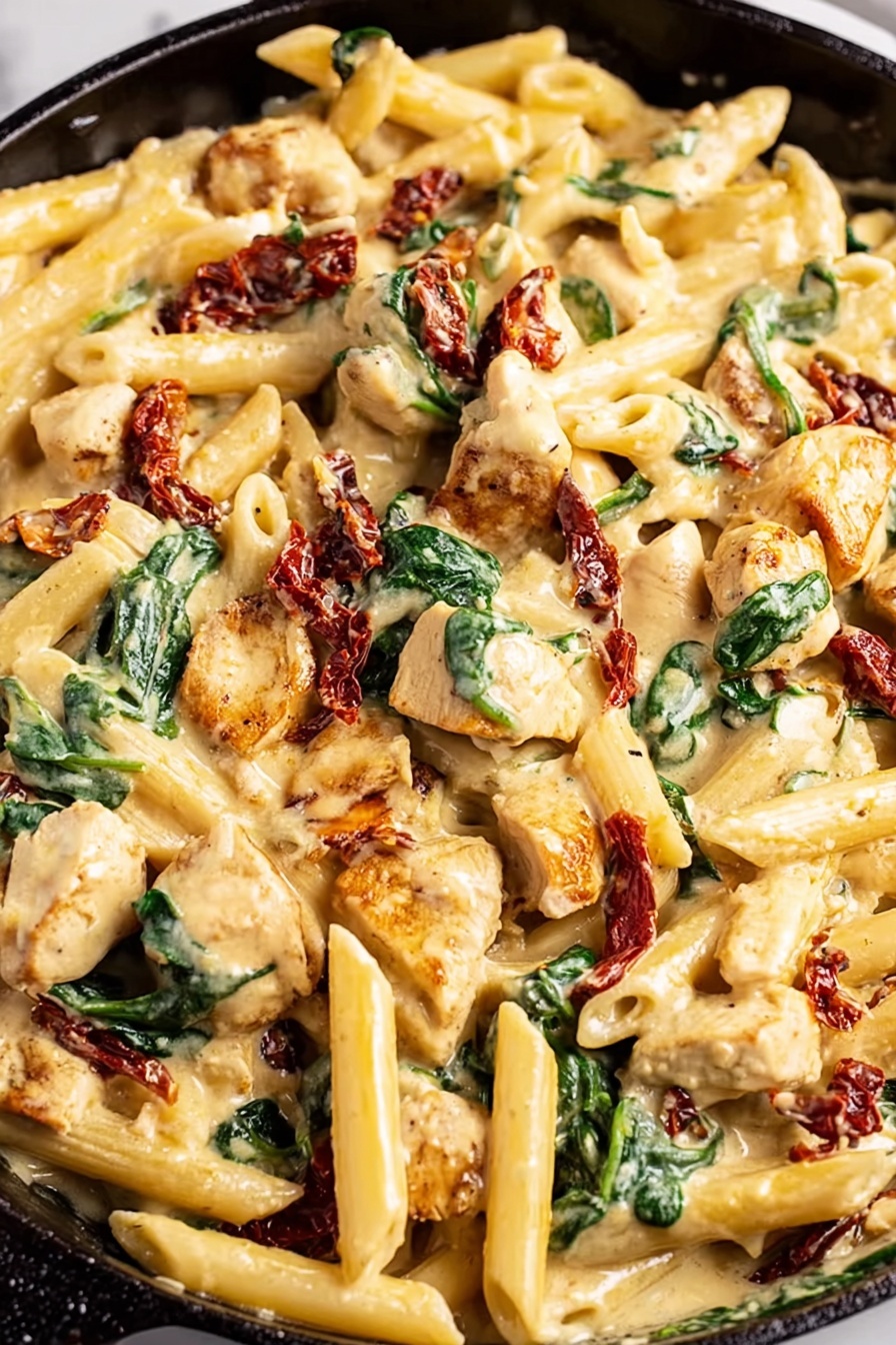 The dish shows a white bowl filled with creamy pasta made of three main visible layers: the yellow penne pasta tubes with a smooth texture spread all around, tender chunks of light brown chicken pieces mixed in evenly, and sun-dried tomatoes in deep red scattered throughout. Fresh green spinach leaves and small, chopped green parsley are mixed in, adding bright color. A silver fork rests inside the bowl with its handle leaning on the edge. The bowl sits on a white marbled surface with a blue and white patterned cloth beneath it. A small white bowl with green herbs is in the background along with a bunch of fresh parsley. Photo taken with an iphone --ar 2:3 --v 7